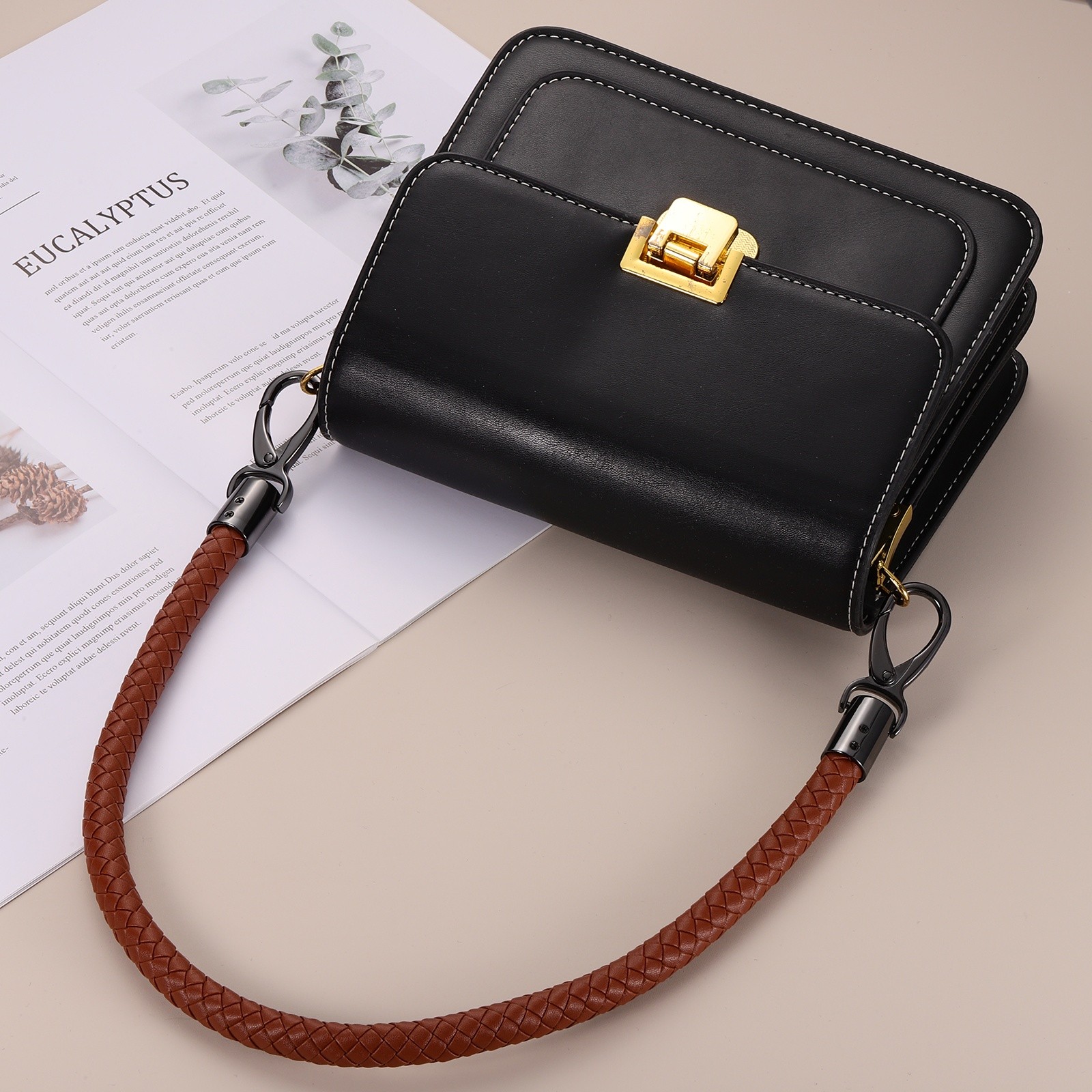 2Pcs 55cm 21.7" Braided Purse Strap PU Leather Light Brown (Black Buckle)