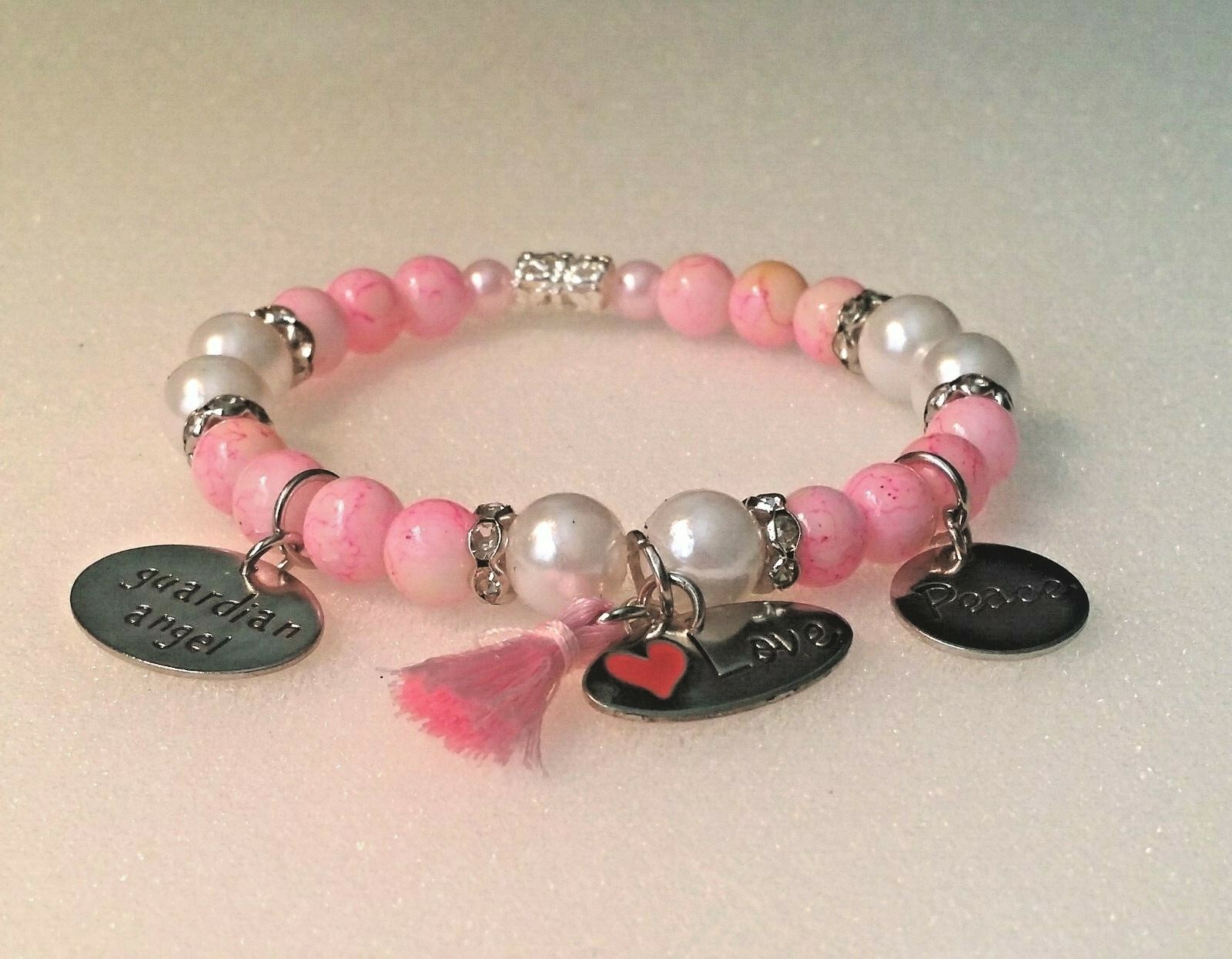 Fashionable Accent Pearl and Pink Glass Beaded Bracelet-Guardian Angel-7.5 inch