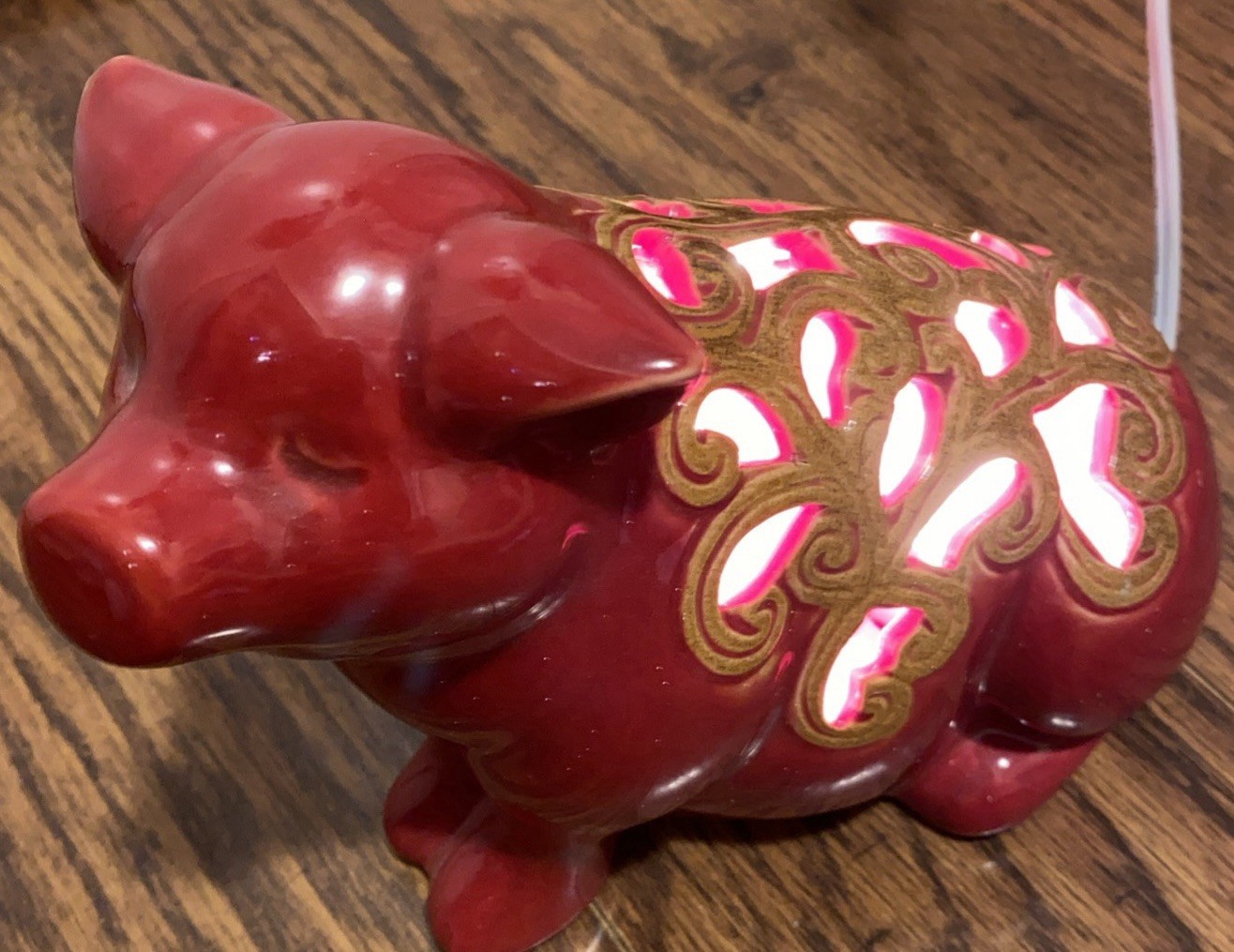 Red Pig Light W Gold Highlighted Holes Cut Out For Light Ceramic 8x4.5x6” EUC