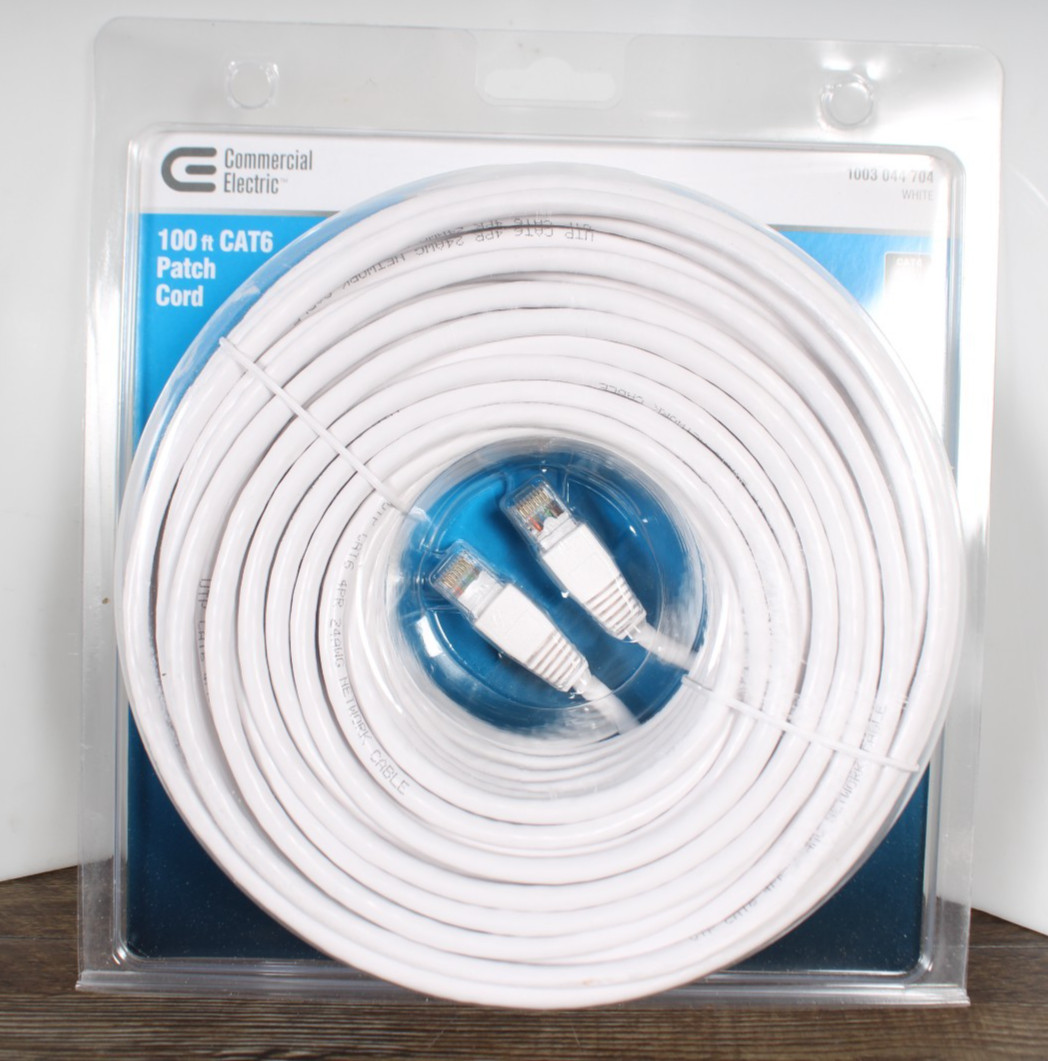 Commercial Electric CAT6 Ethernet Cable 100 ft White Patch Cord RJ45 Network NEW