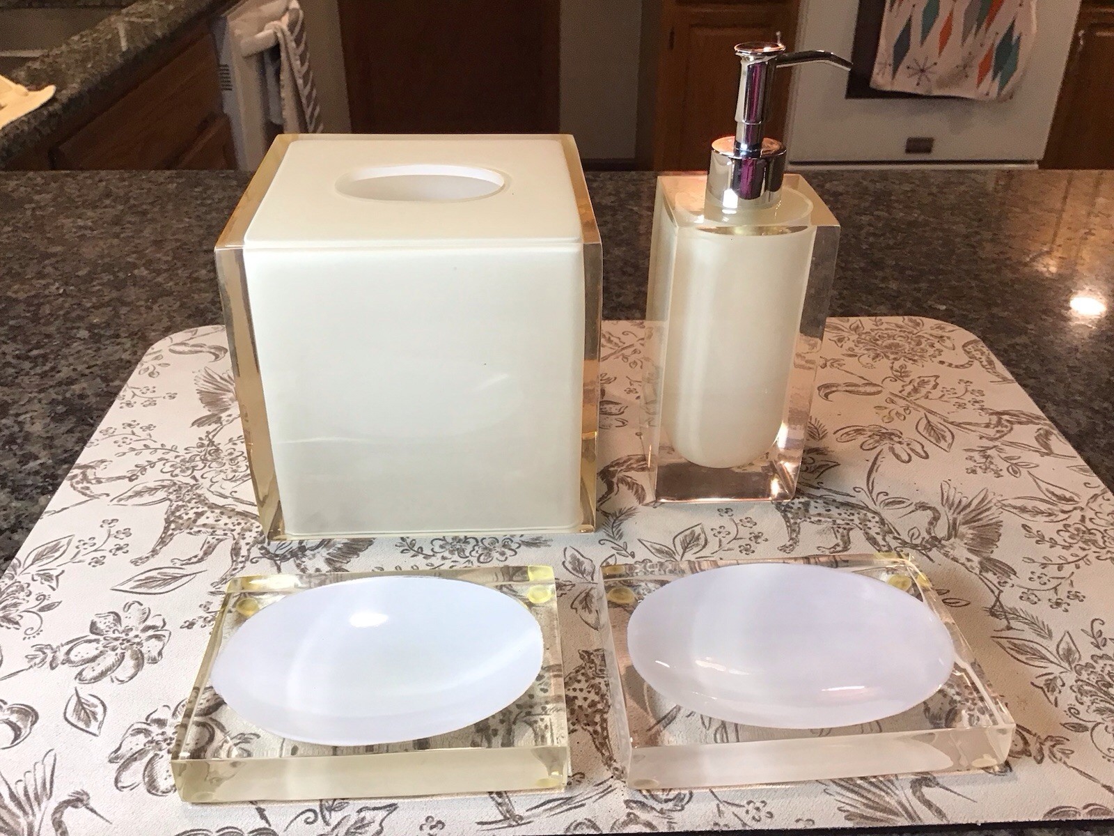Vtg 1970 MCM Modern Clear Lucite BATHROOM SET Tissue Box Lotion Bottle Soap Dish