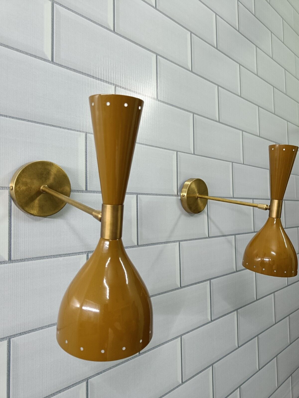 Italian Mid Century Wall Sconce, Brass Diabolo Sconce Pair, Brown Wall Sconce