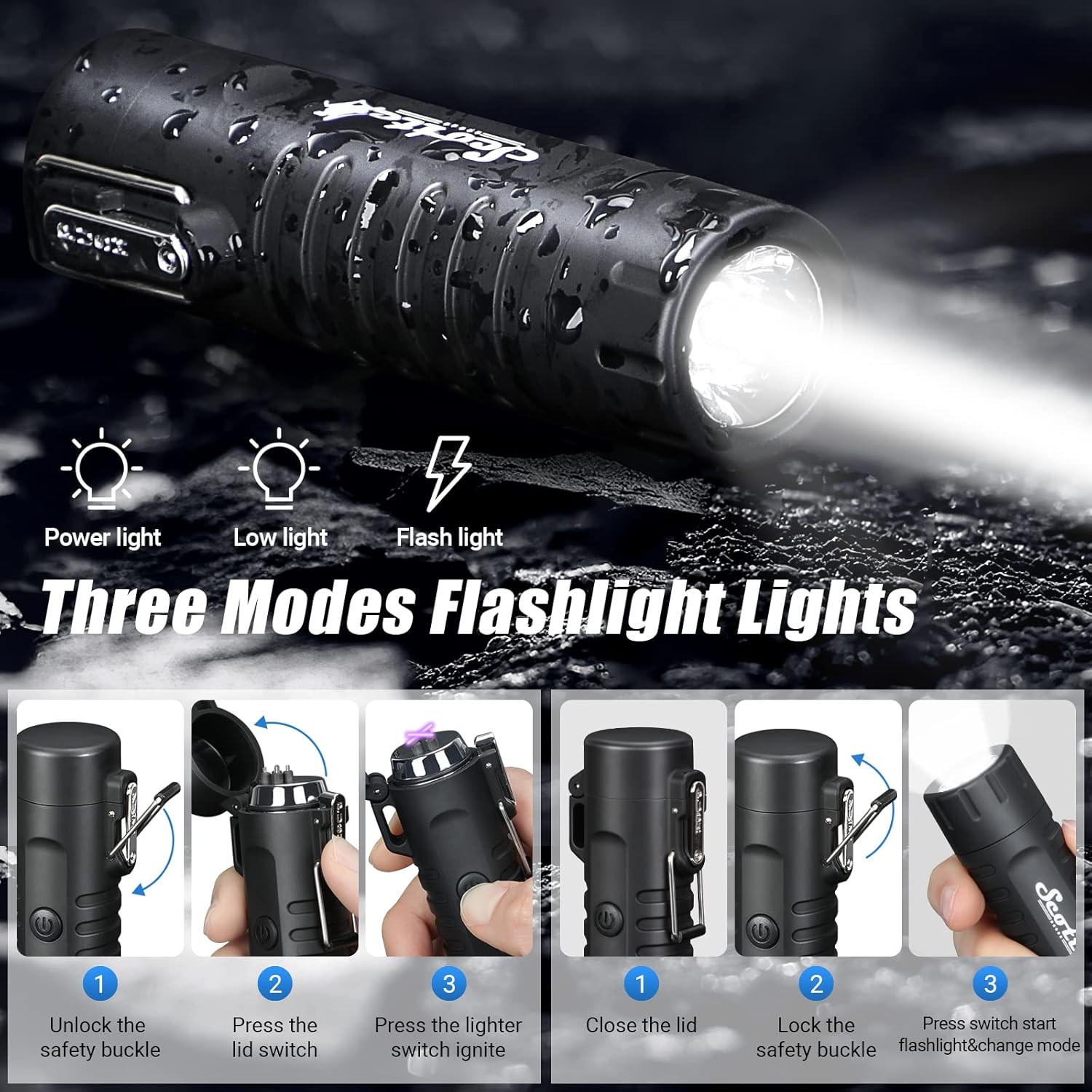 Scotte Plasma Windproof arc Lighter Electric and LED Flashlight Black
