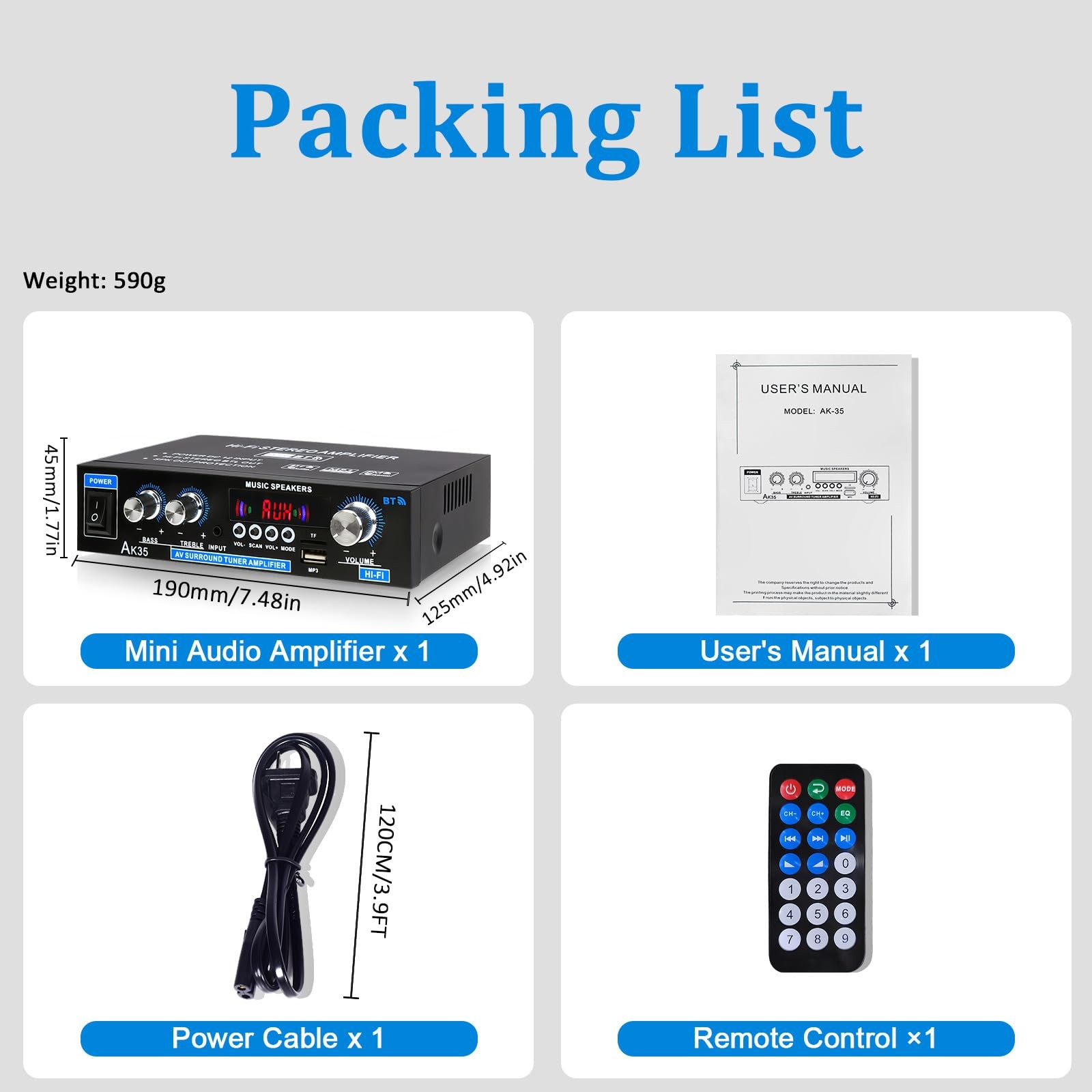 AK35 200W Stereo Audio Amplifier Bluetooth 5.0, 2.0 Channel Mini Amplifier St...