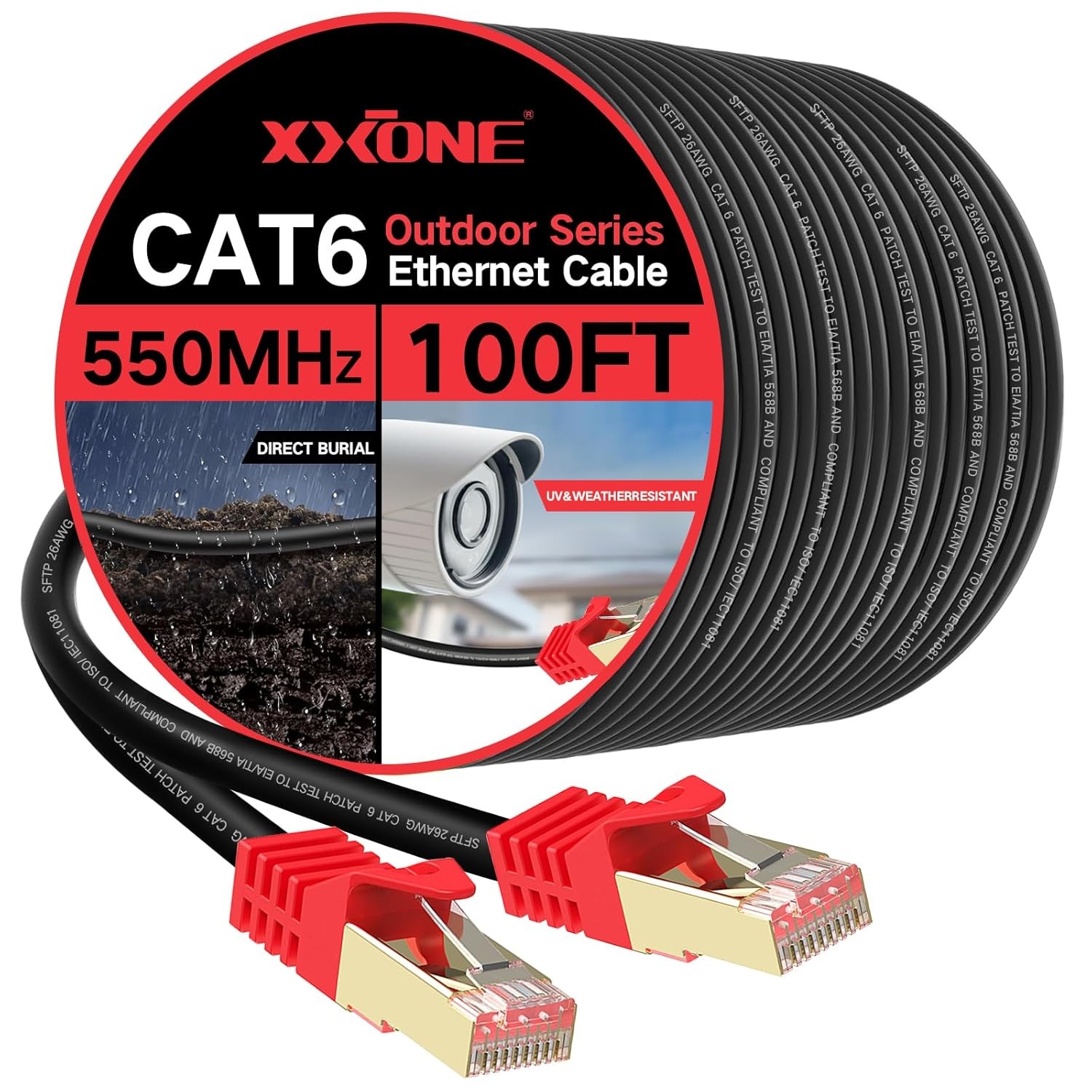 XXONE Outdoor Cat 6 Ethernet Cable 100ft, 26AWG Heavy-Duty Cat6 cat6-100ft