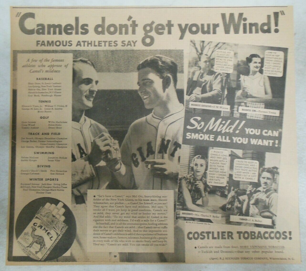 Camel Cigarette Ad: Mel Ott New York Giants from 1935 Size: 13 x 14 inches