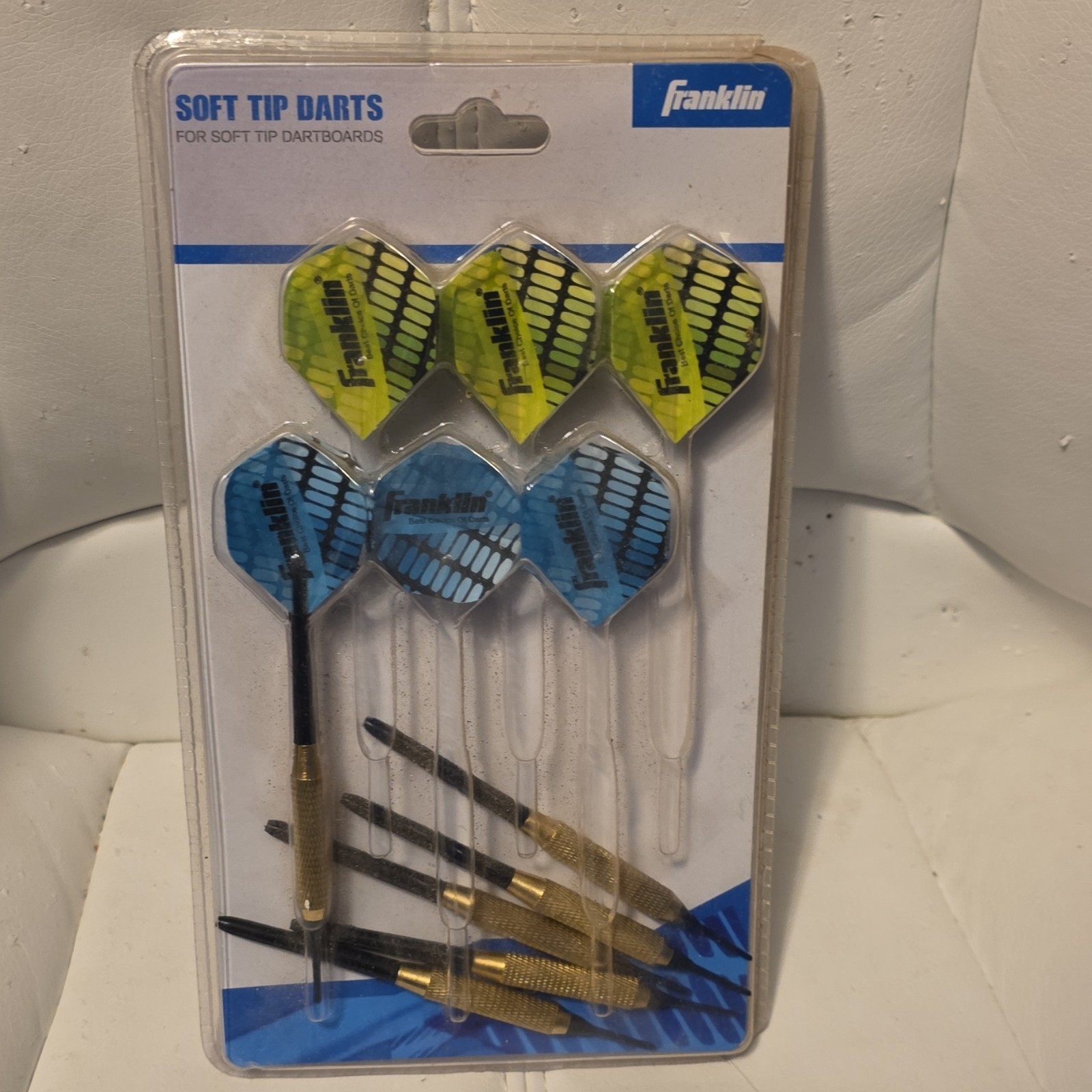 Franklin Sports Soft Tip Darts Brass Coated Steel Barrel 16g Blue Yellow Flights