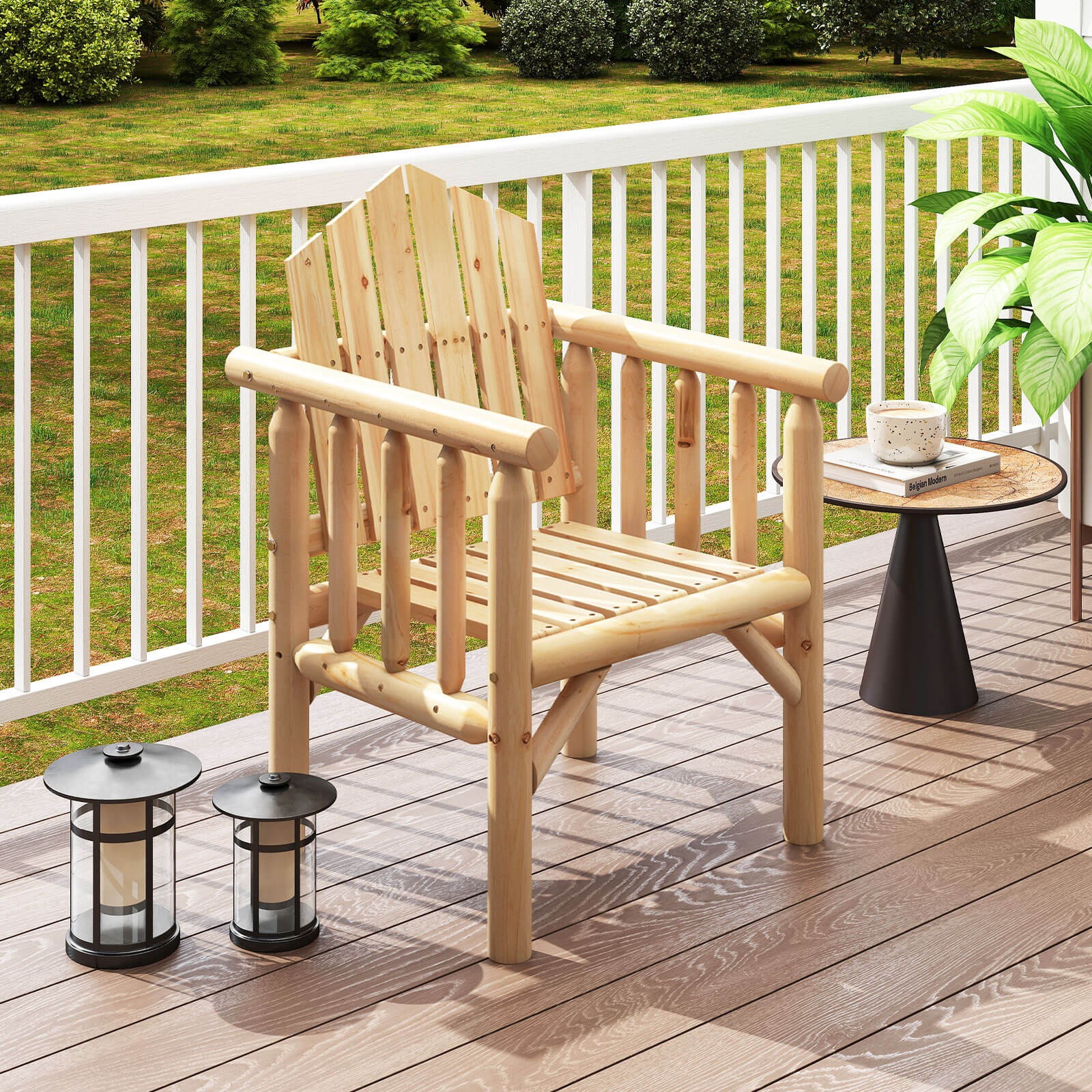 Outdoor Wood Armchair w/Armrests and Reclined High Backrest for Porch, Backyard