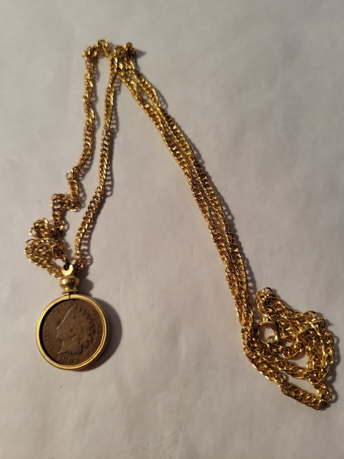 1903 Indian Head Penny With 24" Goldtone Necklace Nice Condition