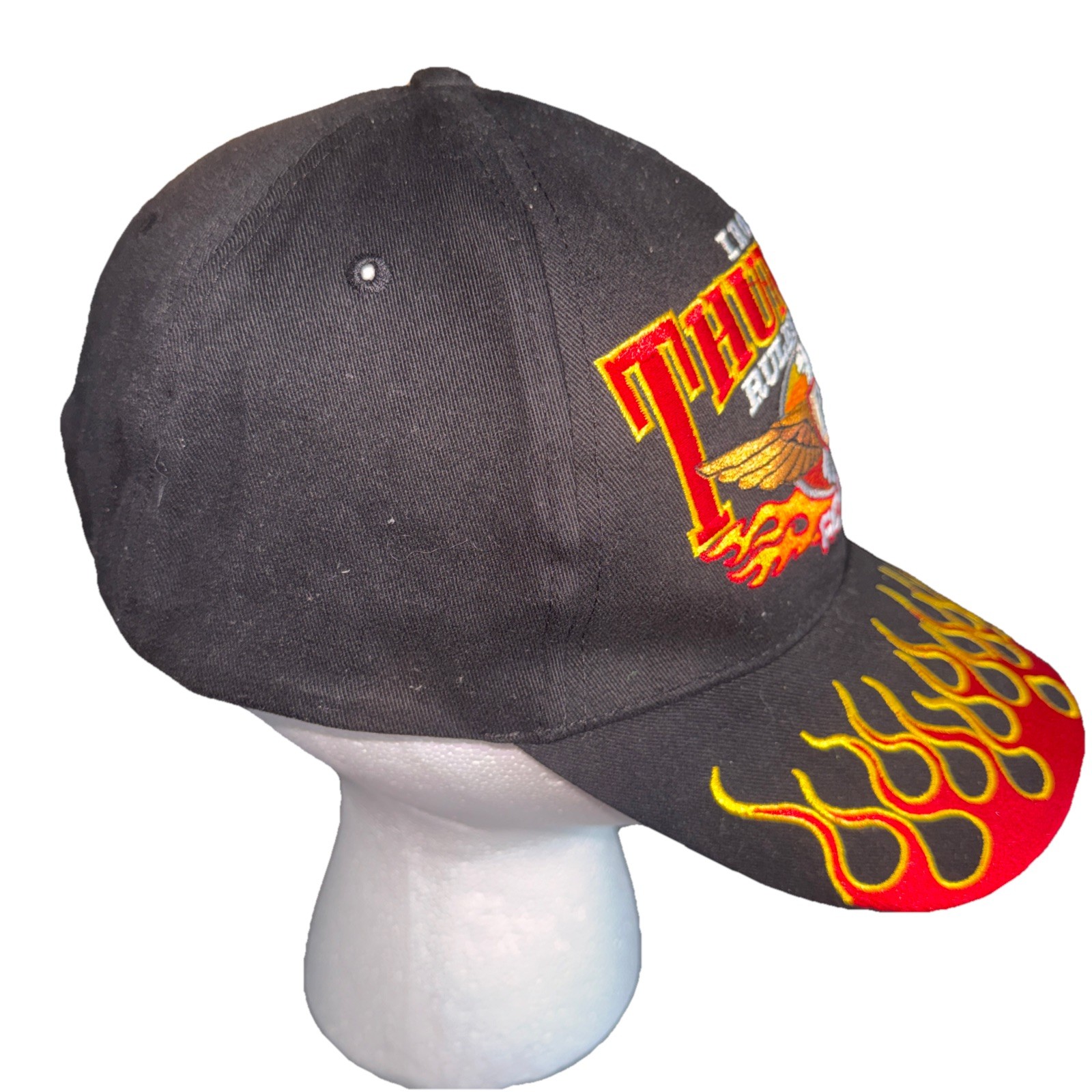 Iron Thunder Rules the Road w Eagle and Flame on Black Hat Cap Cotton Hook Loop