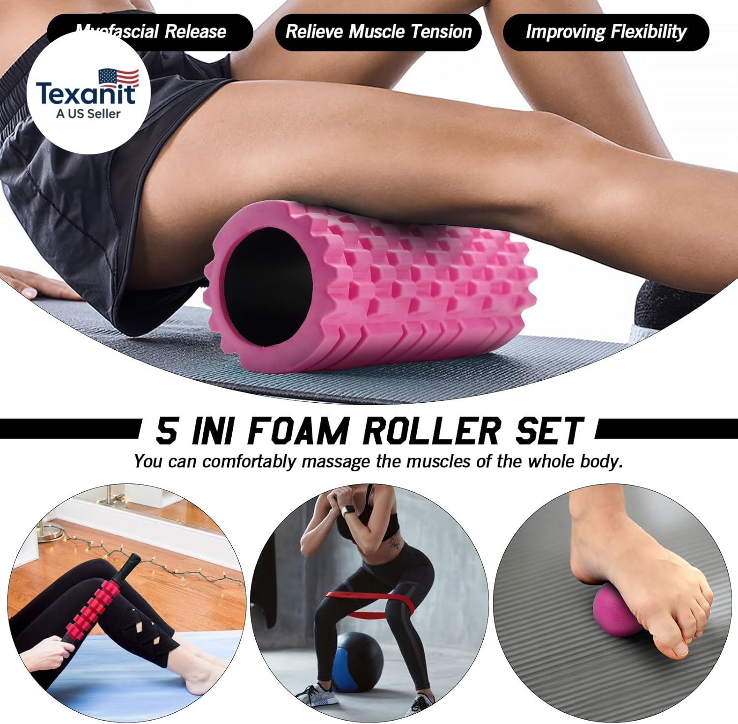 5 in 1 Foam Roller Set, Trigger Point Foam Roller Patented, Massage Stick, Massa