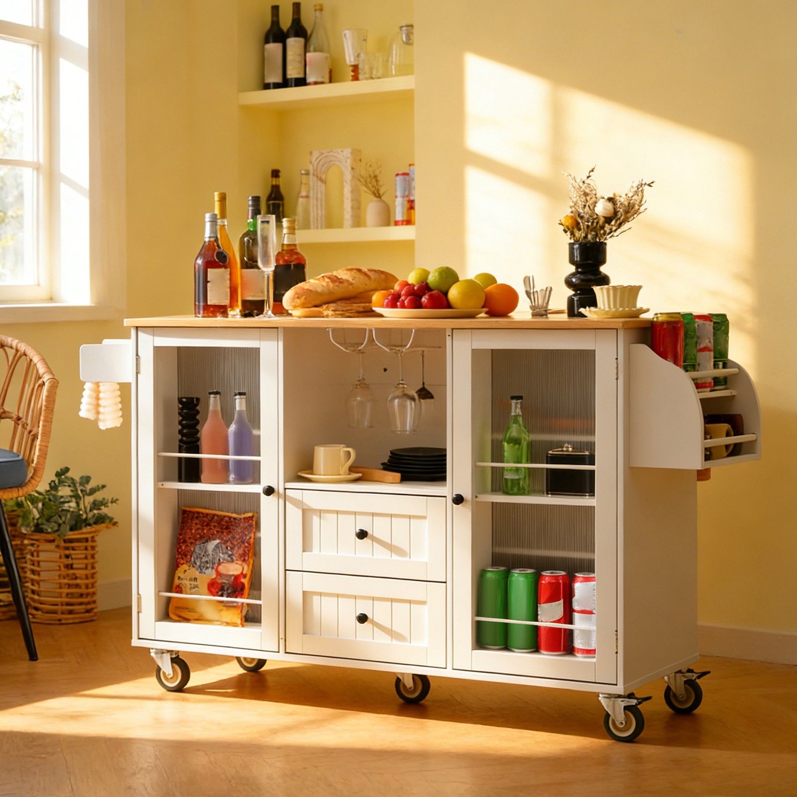 Kitchen Island Cart Rolling On Wheels with 13 Storage Areas Drop Leaf Bar