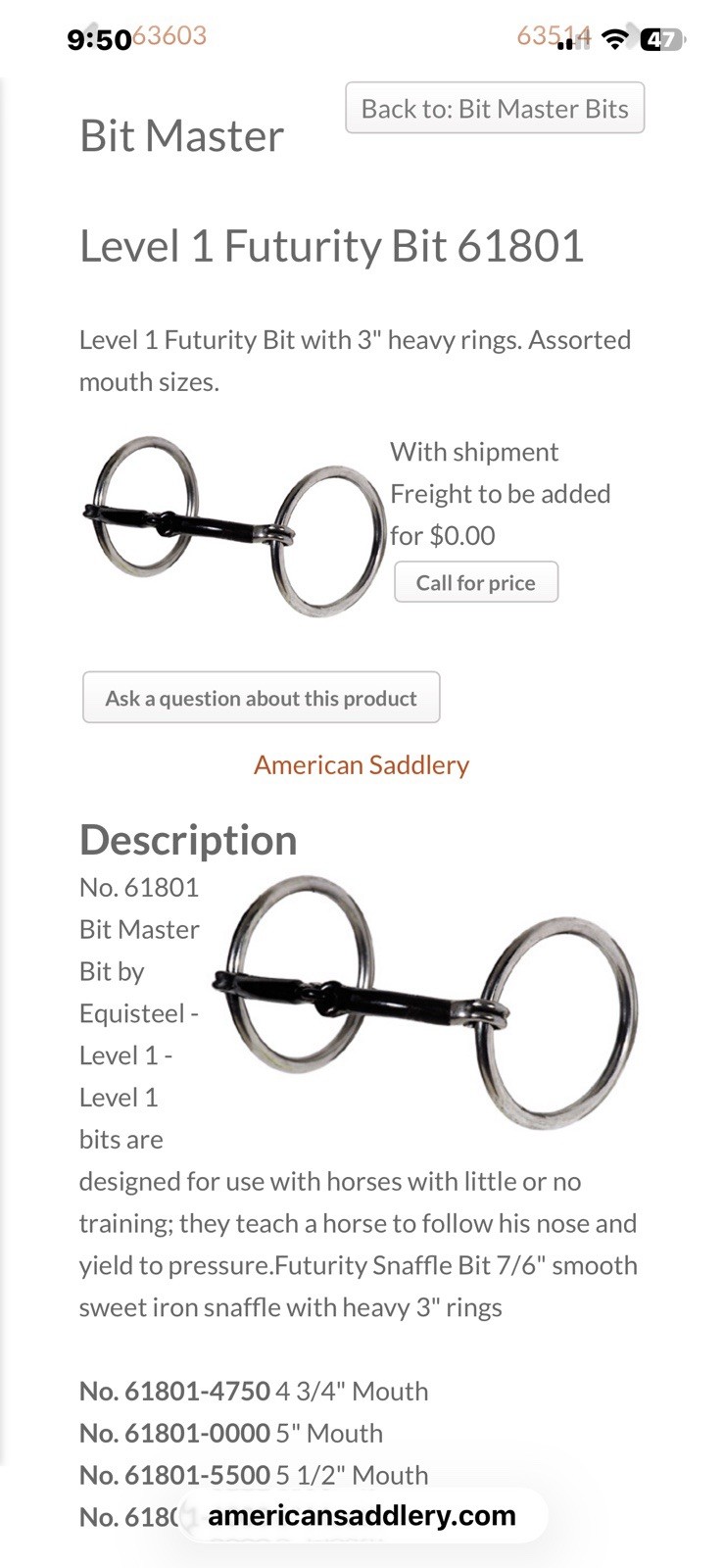 Loose Ring Sweet Iron Western Snaffle By BM” Bit Master”