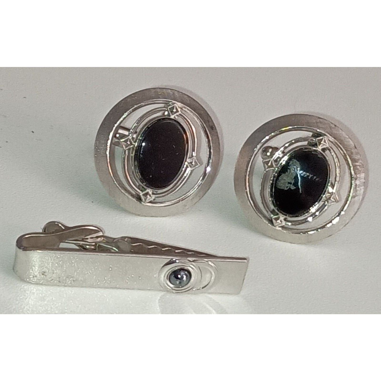 Vintage Cufflinks & Tie Pin Set - Silver Toned with Round Black Insert