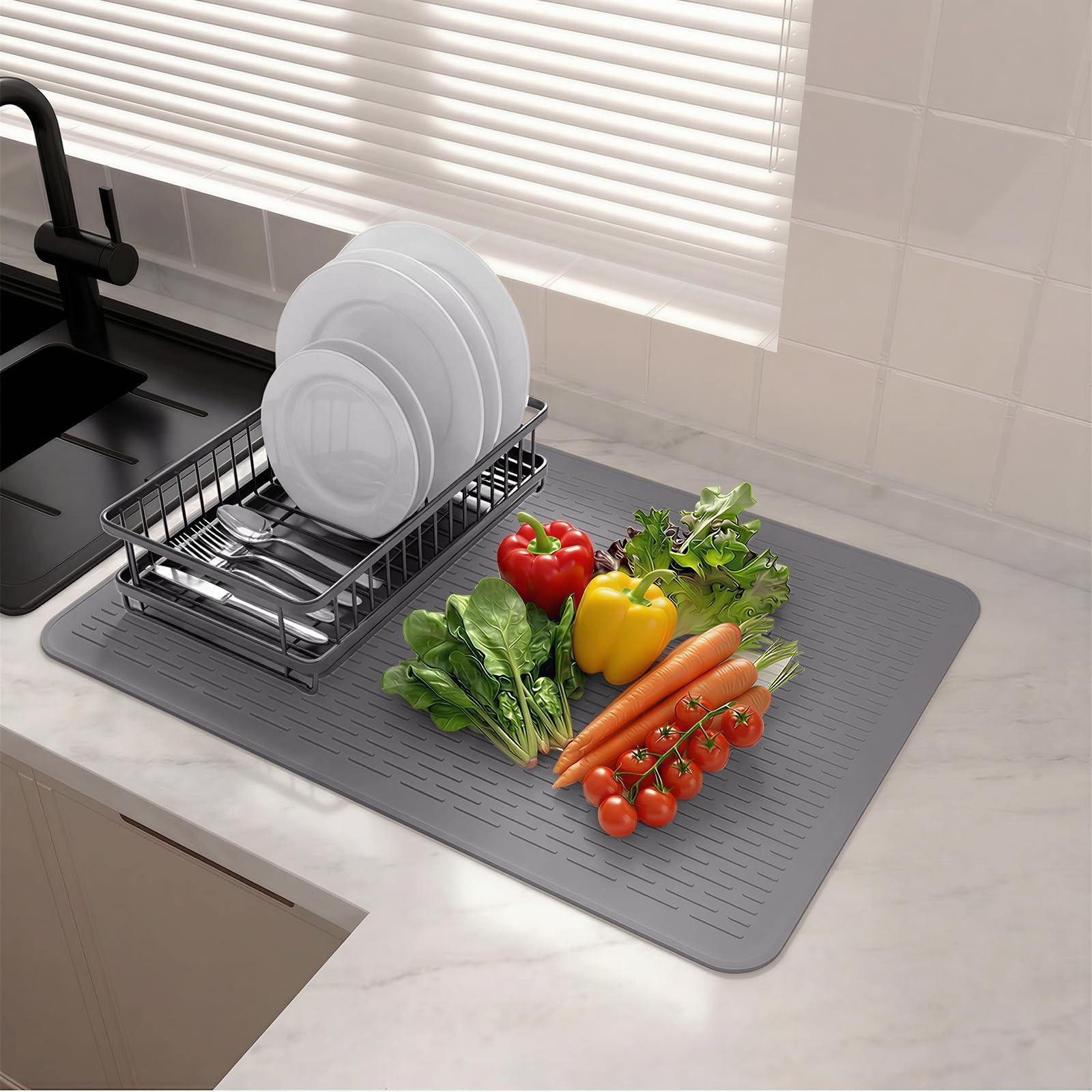 Silicone Dish Drying Mat Grey , 28x19.7 Inches Kitchen Drying Mat Oversized, ...