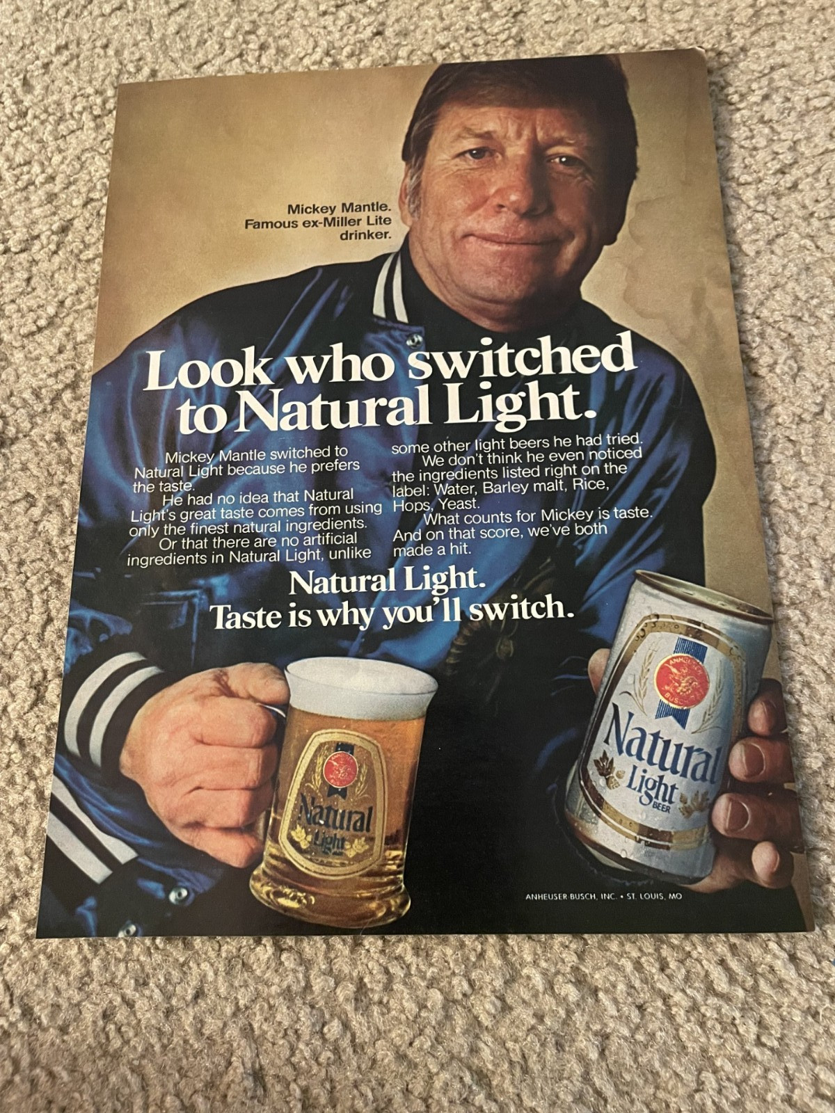 Vintage 1980 MICKEY MANTLE NATURAL LIGHT BEER PRINT AD PHOTO YANKEES