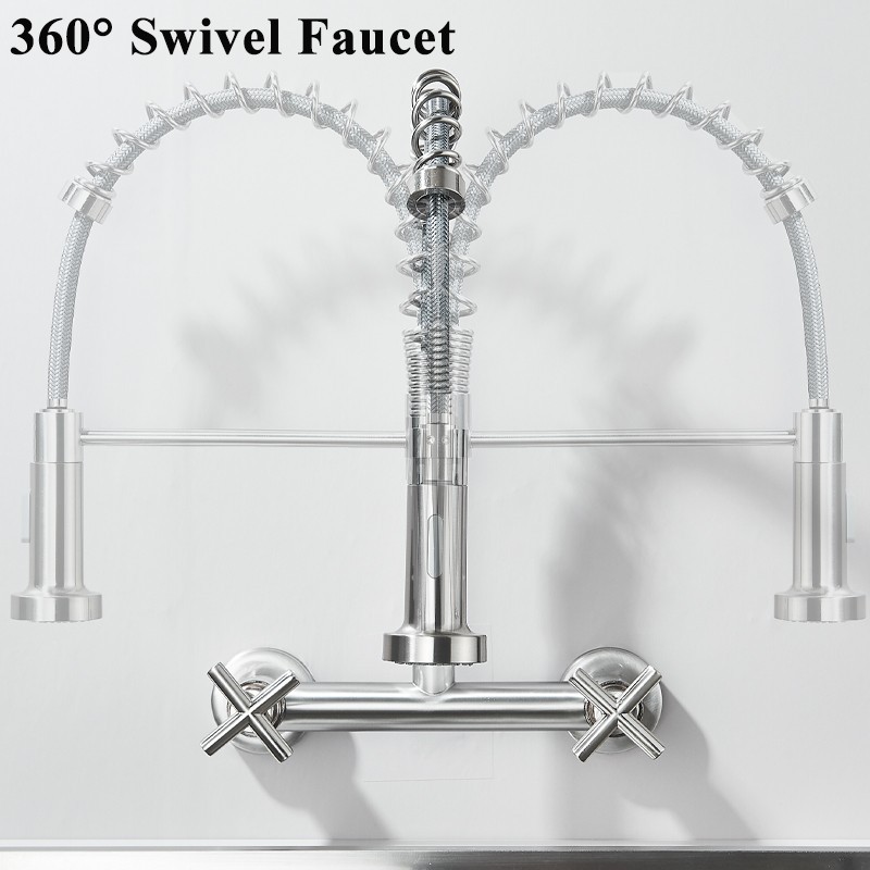 Commercial 8 Inch 2 Handle Wall Mount Kitchen Sink Faucet with Pull Down Sprayer