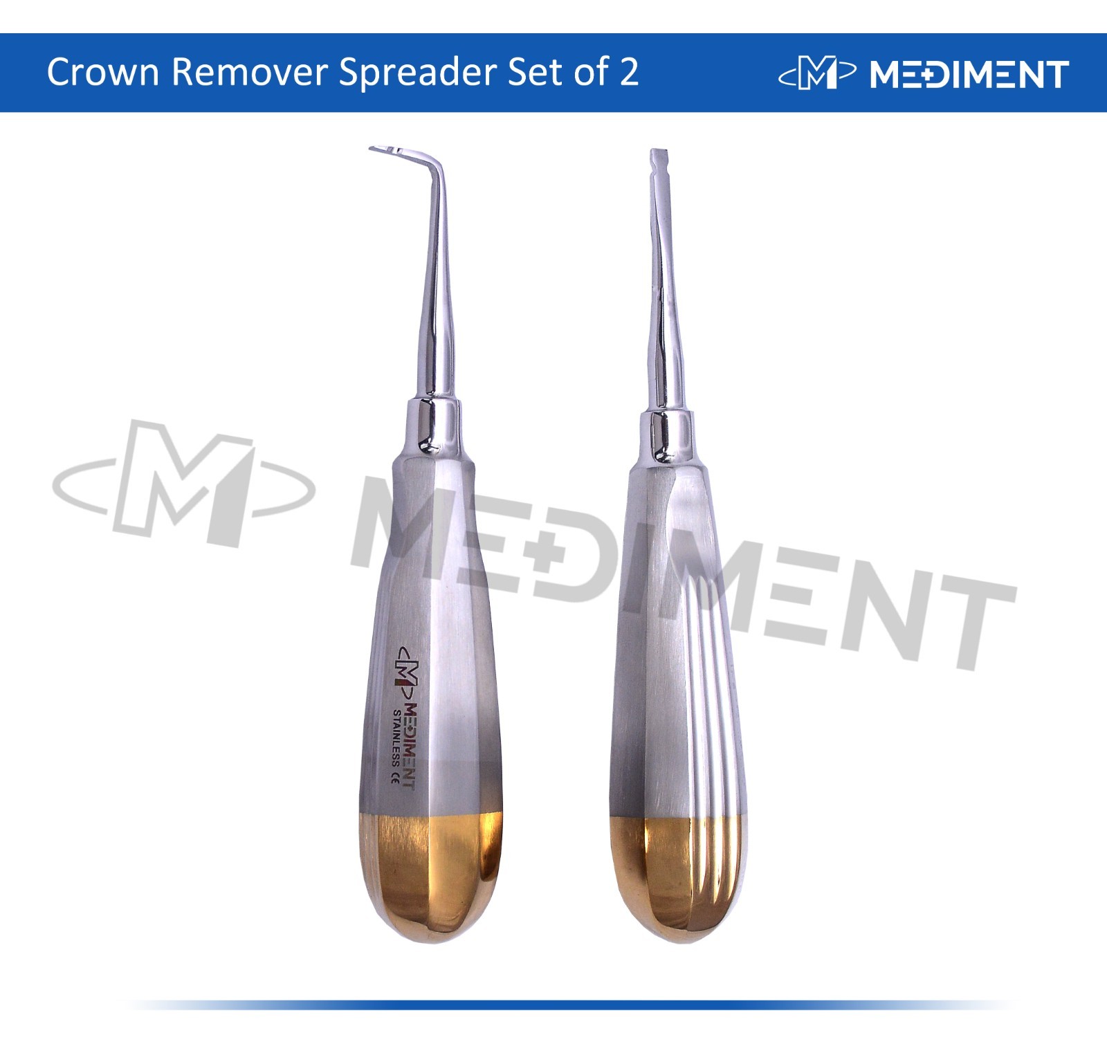 2 German Stainless Crown Remover / Spreaders Straight + Curved Dental Instrument
