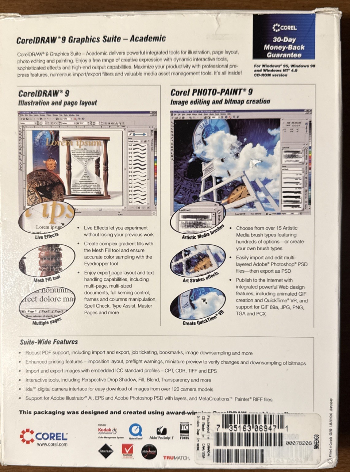 CorelDRAW 9 Graphics Suite Academic Edition COMPLETE 3 CD Box Photo-Paint 9