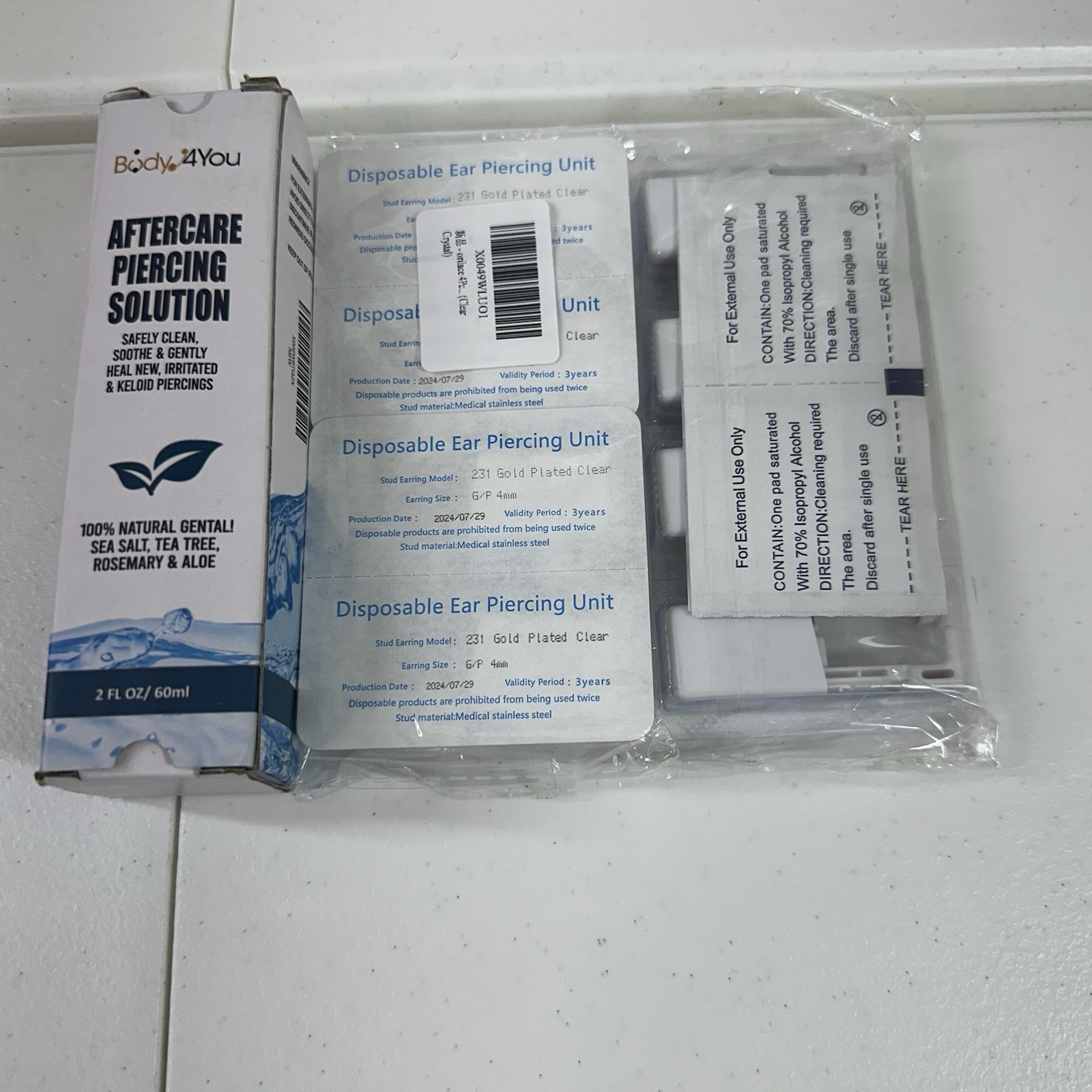 Disposable Ear Piercing Units (8) With Aftercare Piercing Solution Gold Plated