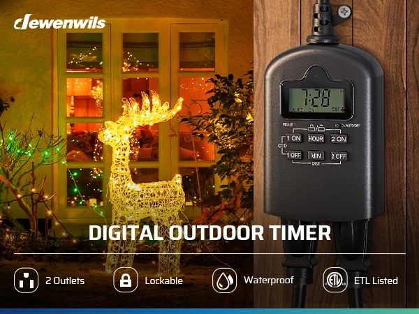 DEWENWILS Outdoor Timer Outlet Waterproof Programmable 2 Outlet 15A Heavy Duty