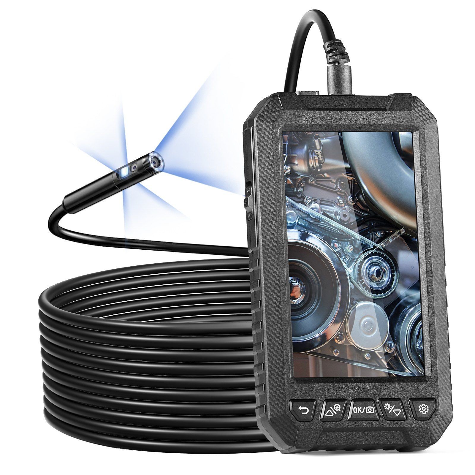 Triple-Lens Borescope: 5" IPS Screen, 16.4ft Cable, IP67 Waterproof