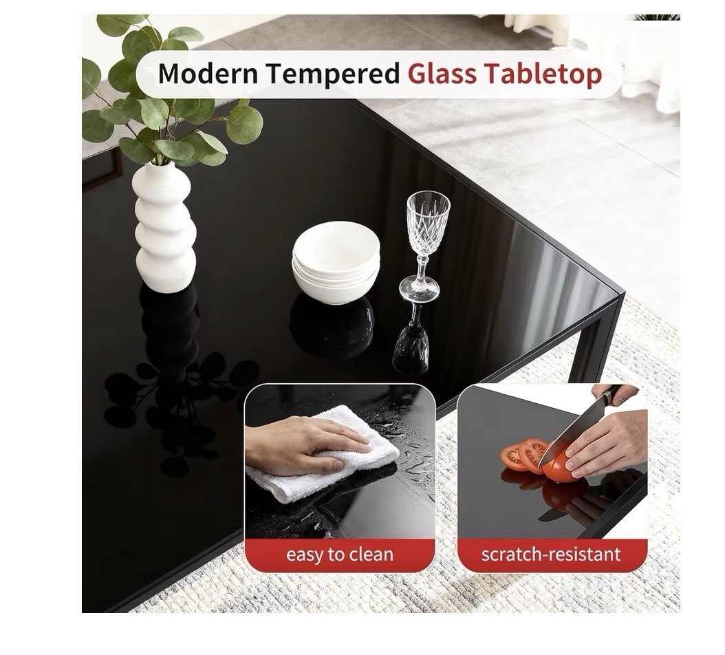 Modern Black Rectangular Dining Table Tempered Glass Top Metal Frame