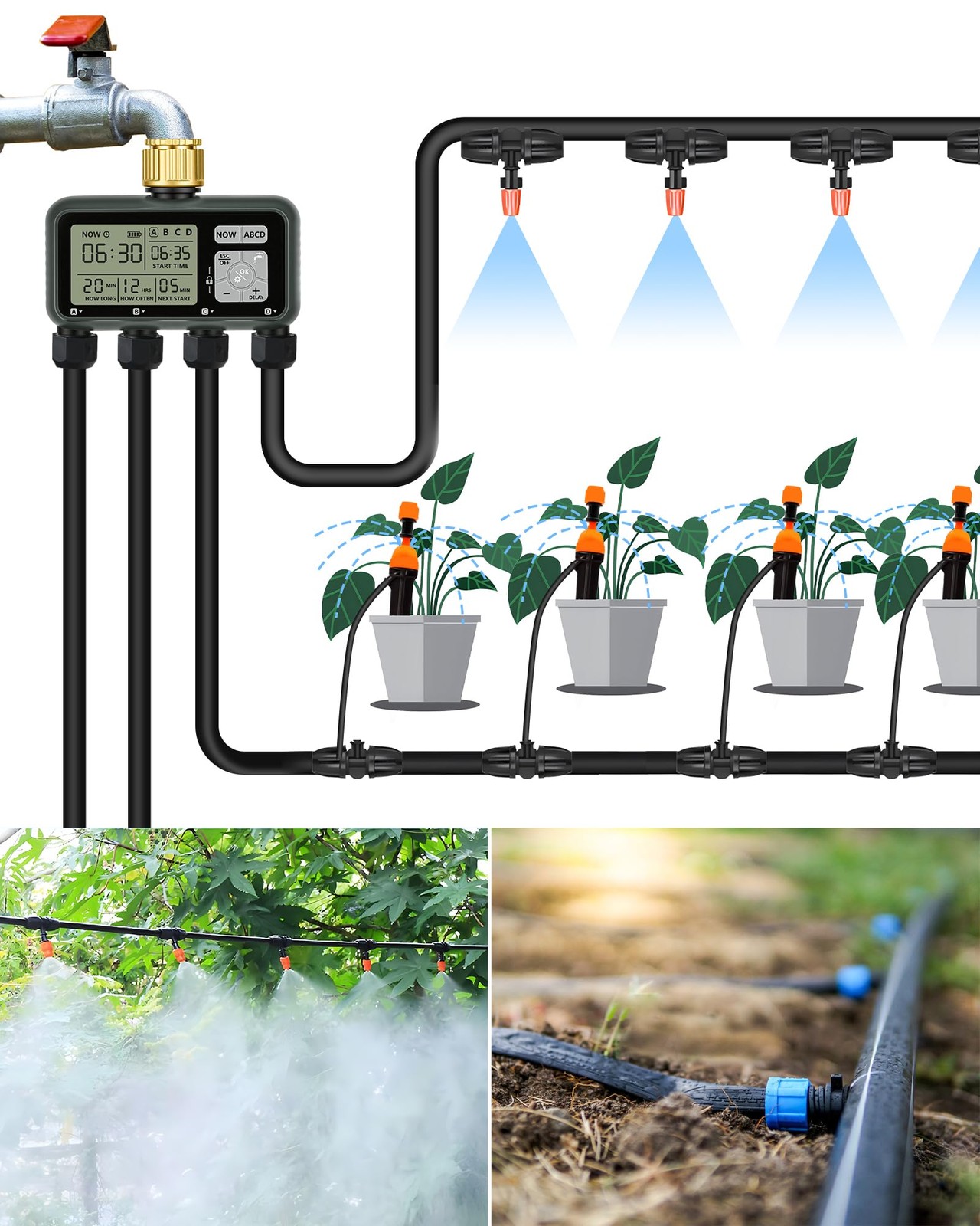 4 Zone Brass Sprinkler Timer Automatic Garden Irrigation System with Rain