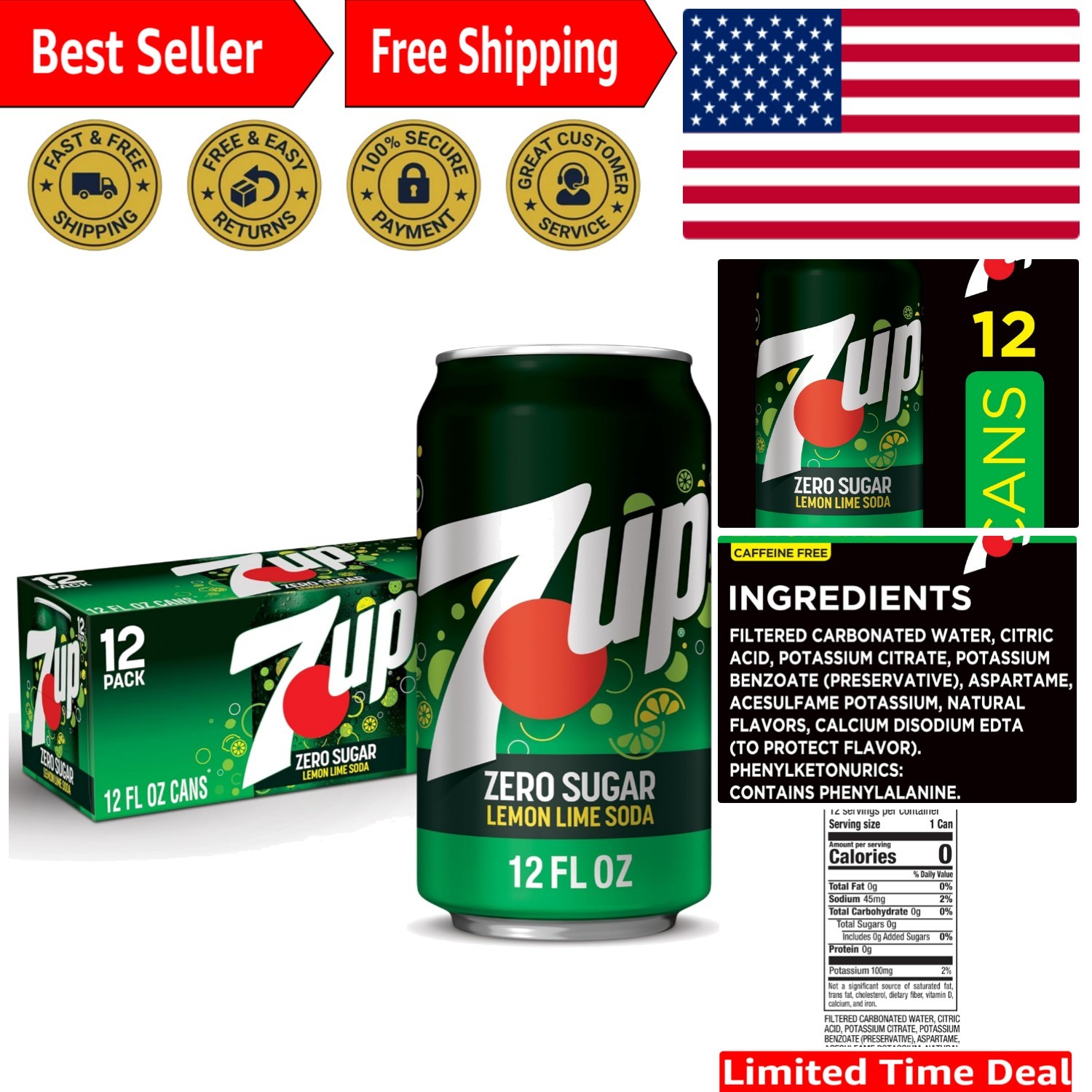 Refreshing Zero Sugar 7-Up Lemon Lime, 144 Fl Oz, Perfect for Cocktails & Baking