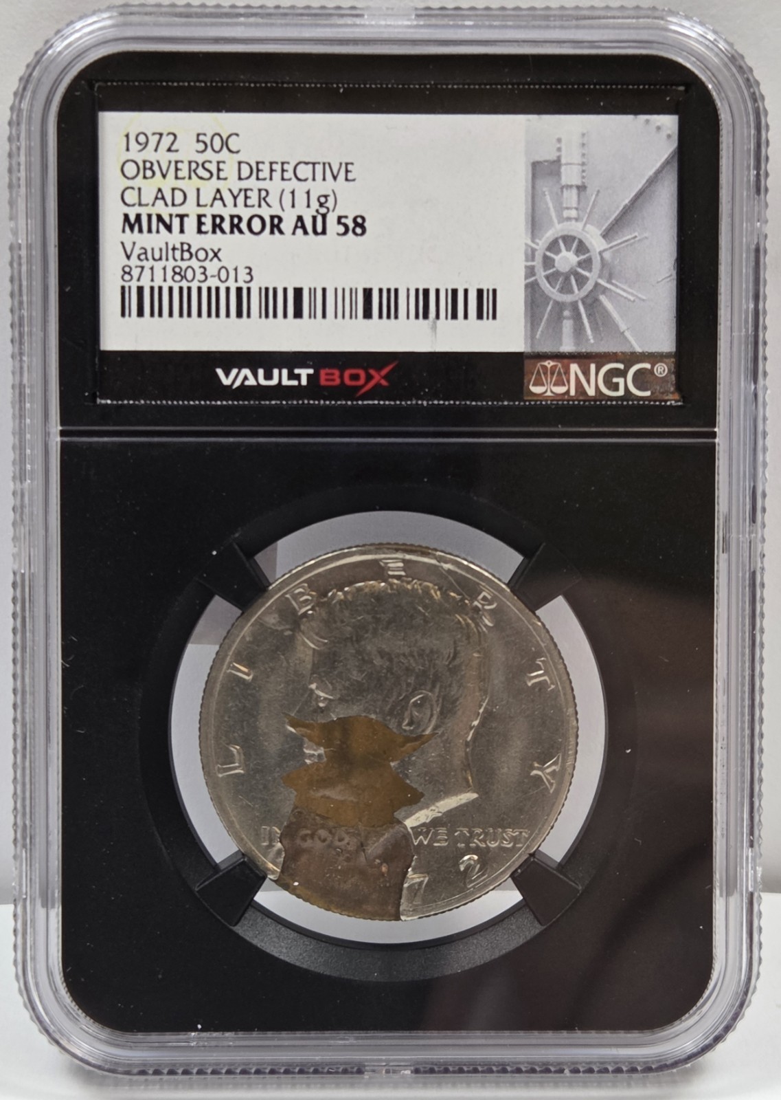 1972 50C Obverse Defective Clad Layer (11G) Mint Error AU 58 Vaultbox NGC L@@K