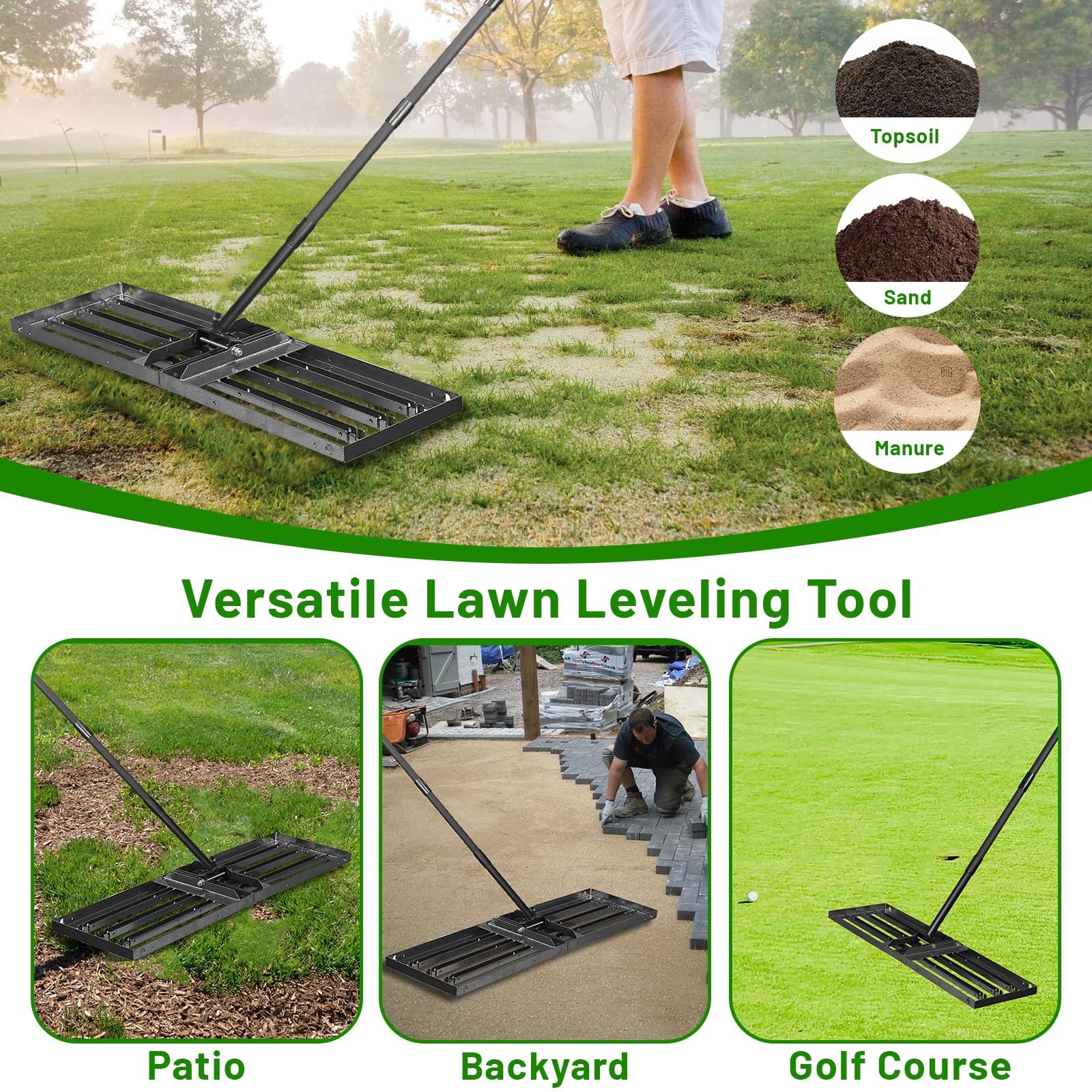 Adjustable Lawn Leveling Rake 34"x10" - Heavy Duty Tool for Soil & Grass
