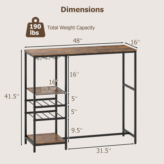 Long Bar Table Bar Height Dining Table with Storage Shelves-Rustic Brown - Color