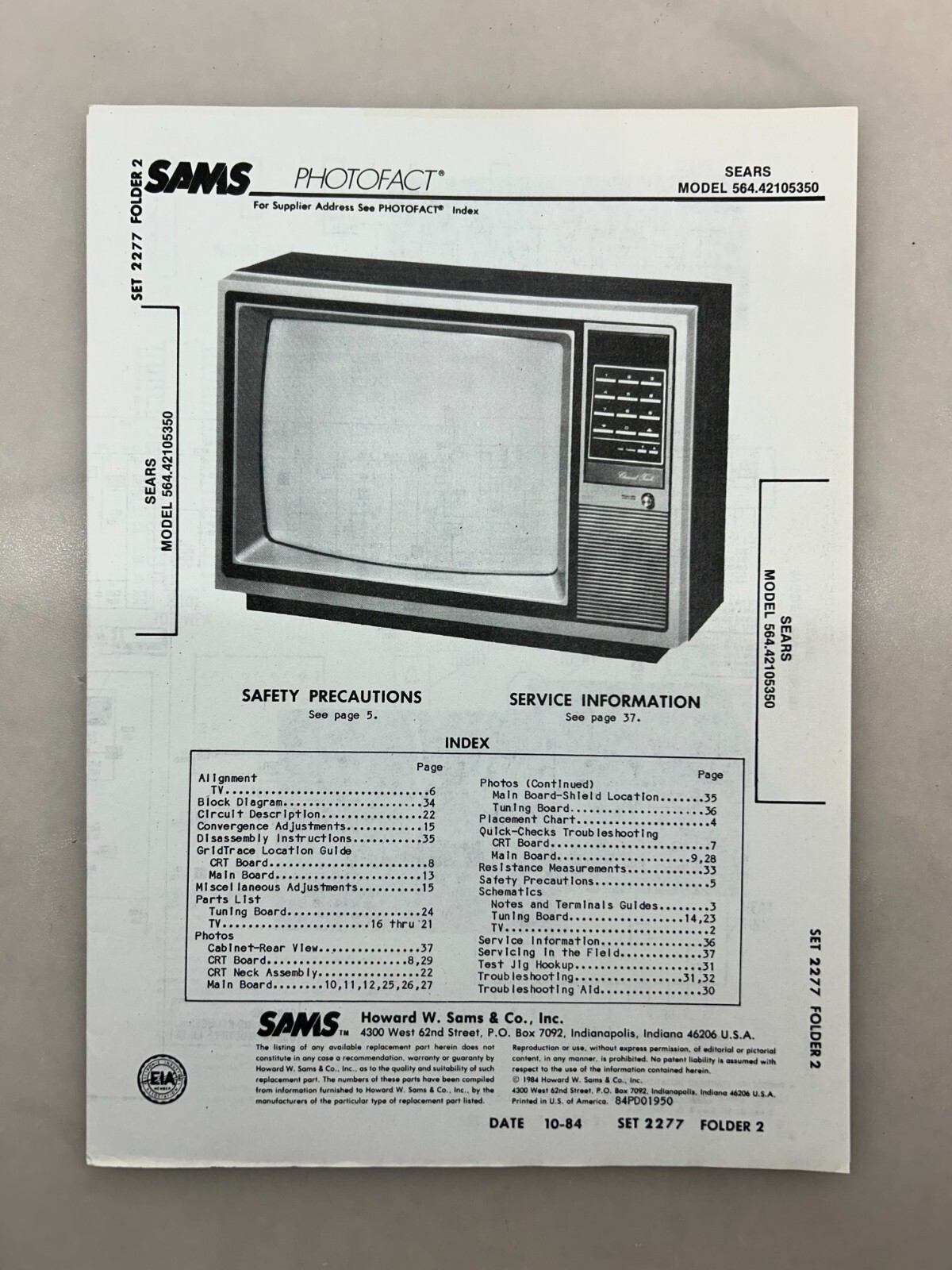 Sears 564.42105350 Service Manual Sams Photofact Free Shipping