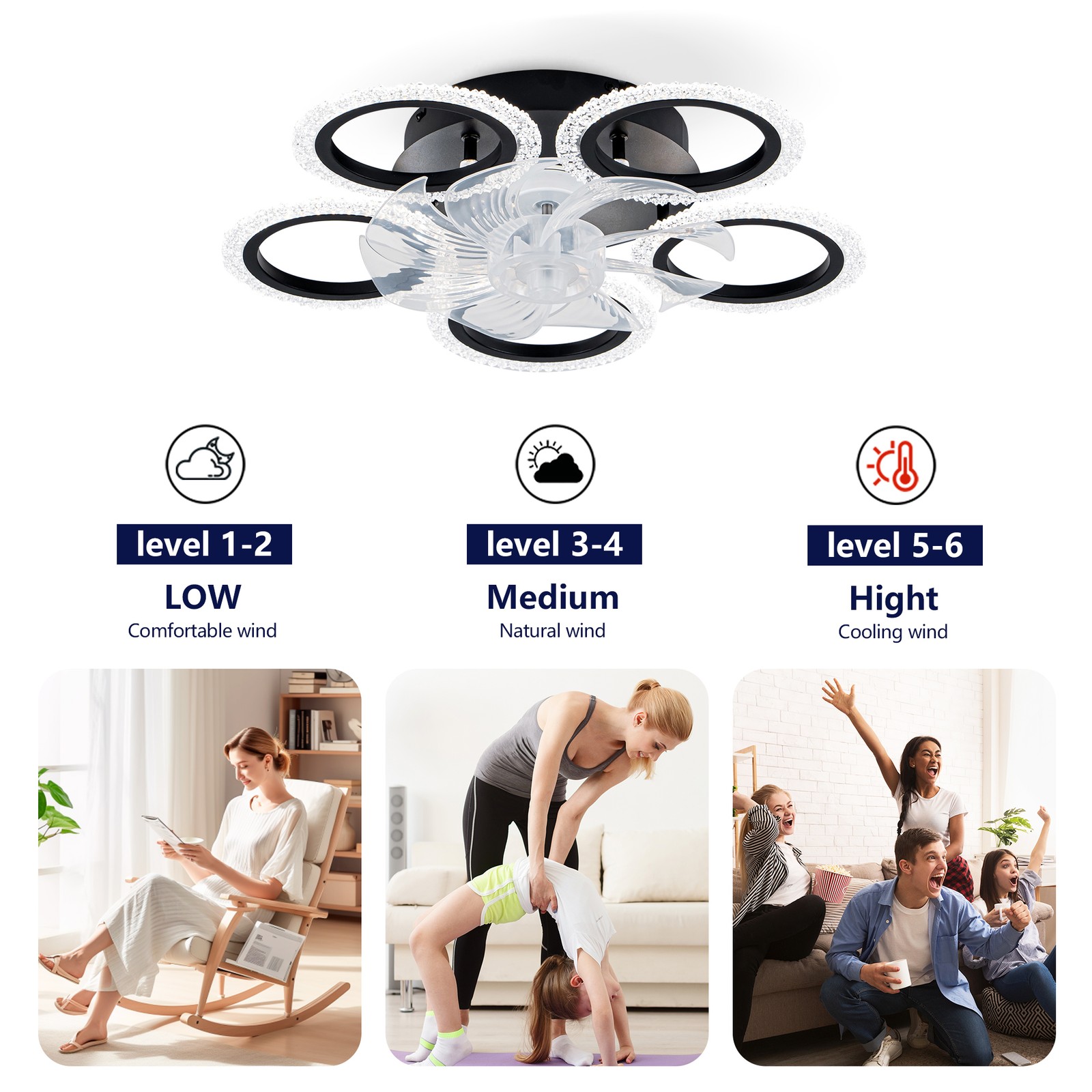 20''Modern Ceiling Fan Lights Remote Control.Black,6 Speeds 3 Light Color Low