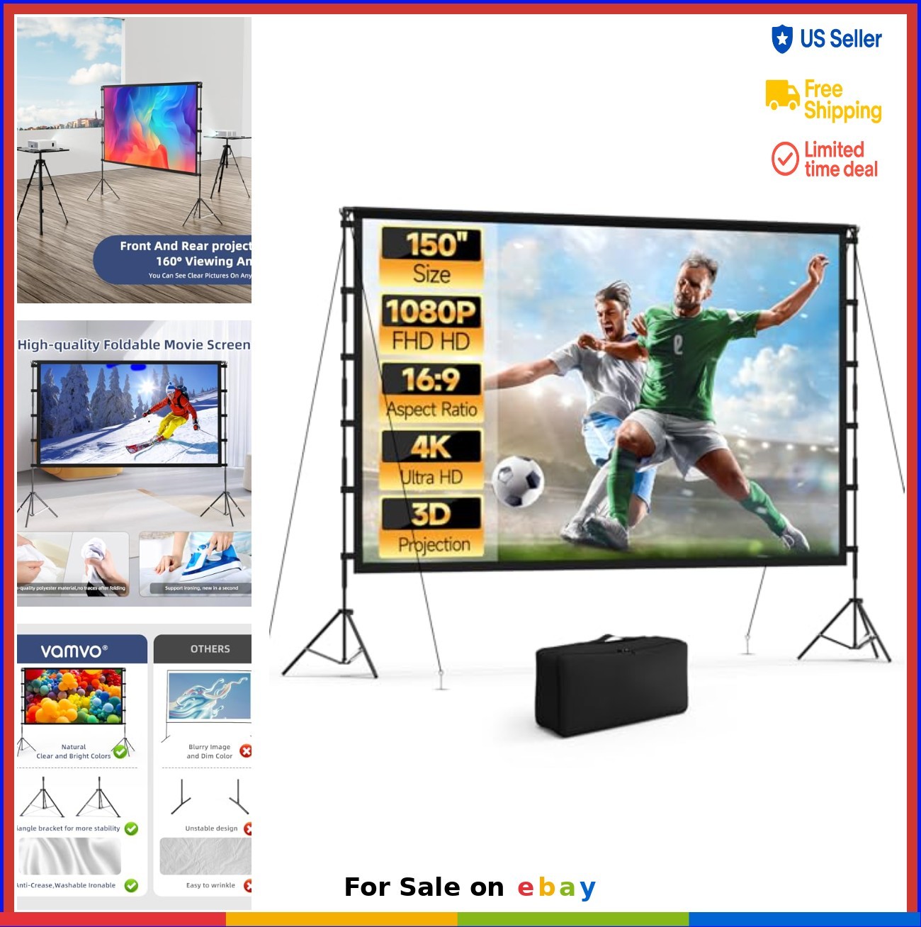 Projector Screen 150 Inch 16:9 4K Portable with Stand Tripod Outdoor Indoor