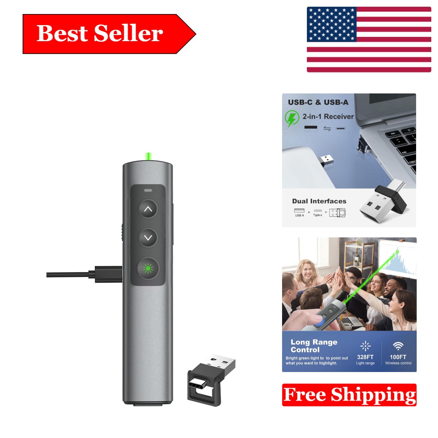 Rechargeable Green Laser Pointer & Wireless Presenter Remote