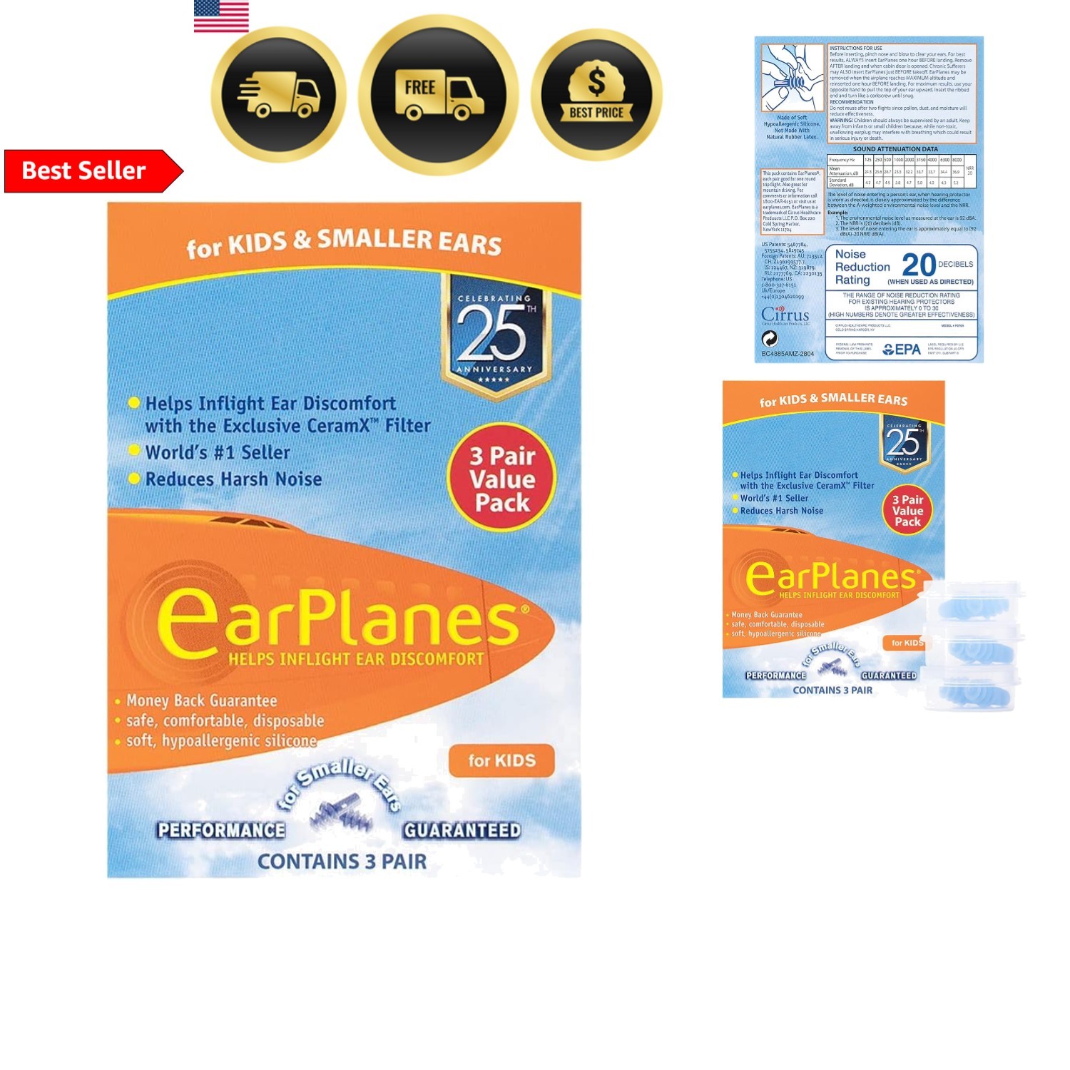 Children's by Cirrus Healthcare Ear Plugs Airplane Travel Ear Protection 3 Pa...