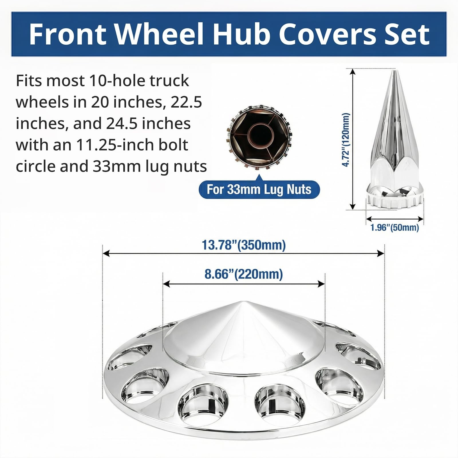 High Soar Chrome Front Hub Covers Set ABS with 33mm Spiked Thread-on Cone Lug...