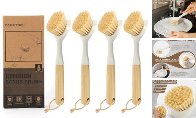 Dish Brush with Built-in Scraper - 4 Pack Bamboo Dish Scrubber Brush with