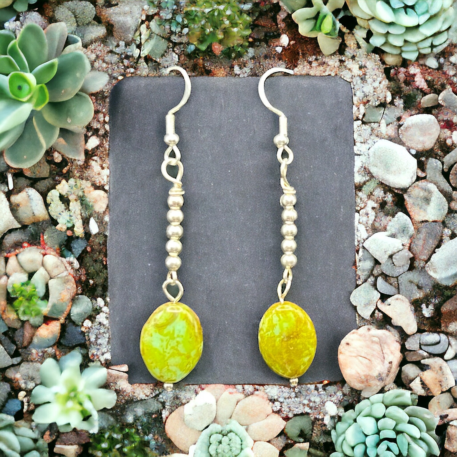Handmade green glass and silver plated dangle earrings with hypoallergenic wires