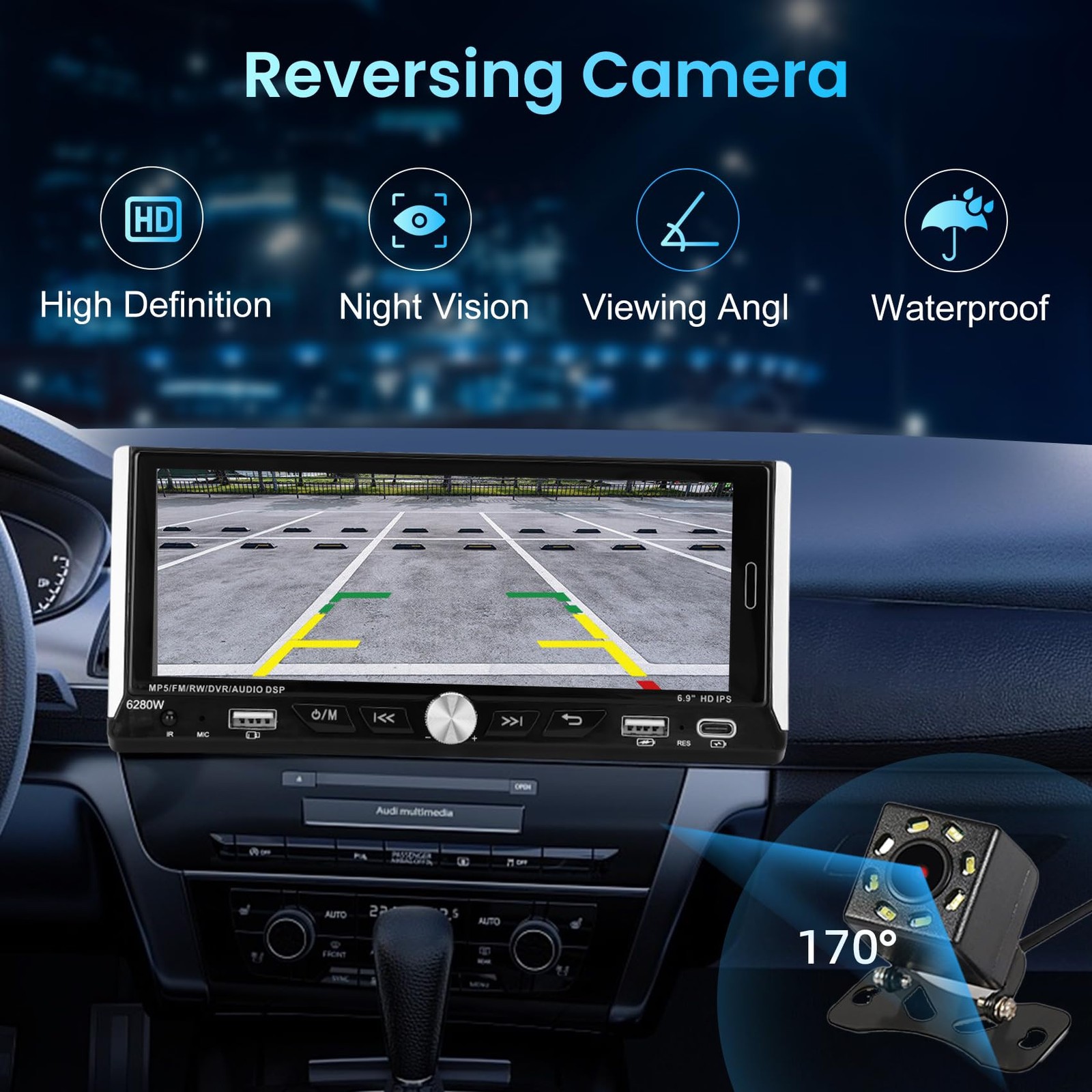 6.86' Single Din Touchscreen Car Stereo with Wireless Apple Carplay Android