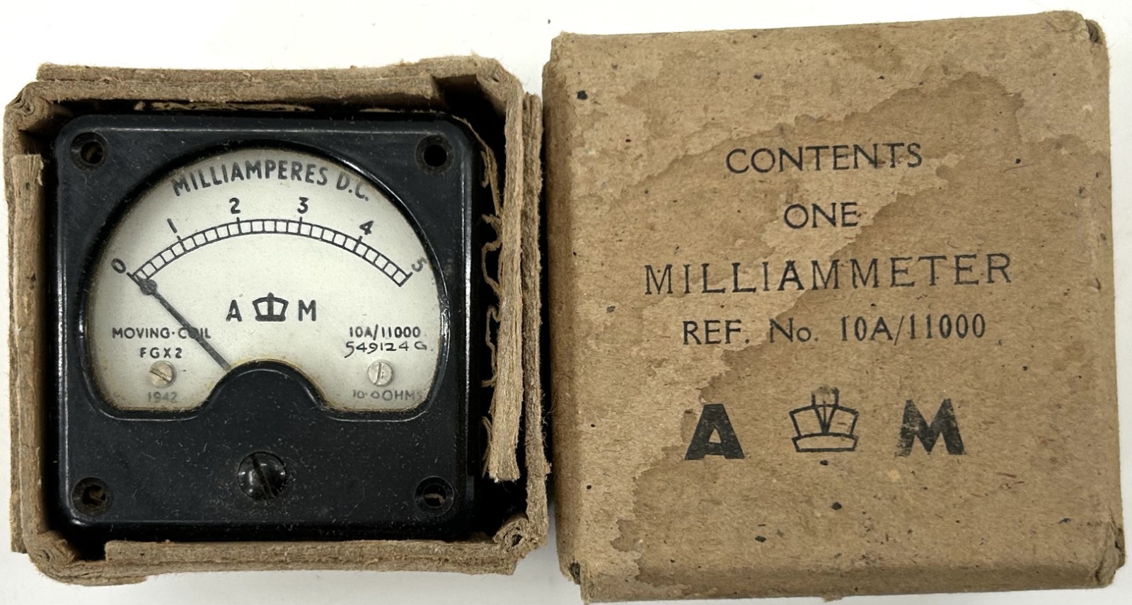 VINTAGE 1942 TEAMPUNK PANEL METER - A&M 0-5 MILLIAMPERES D.C. - MADE IN ENGLAND