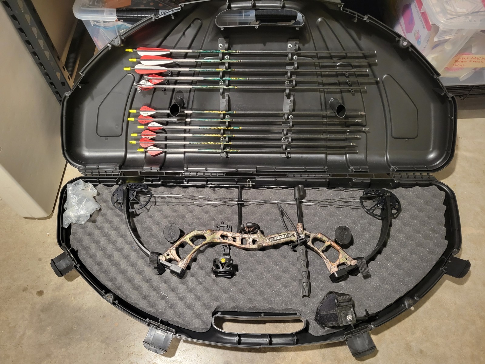 Bear Archery Compound Bow Camo Black with Arrows, Hard Case, and Sight