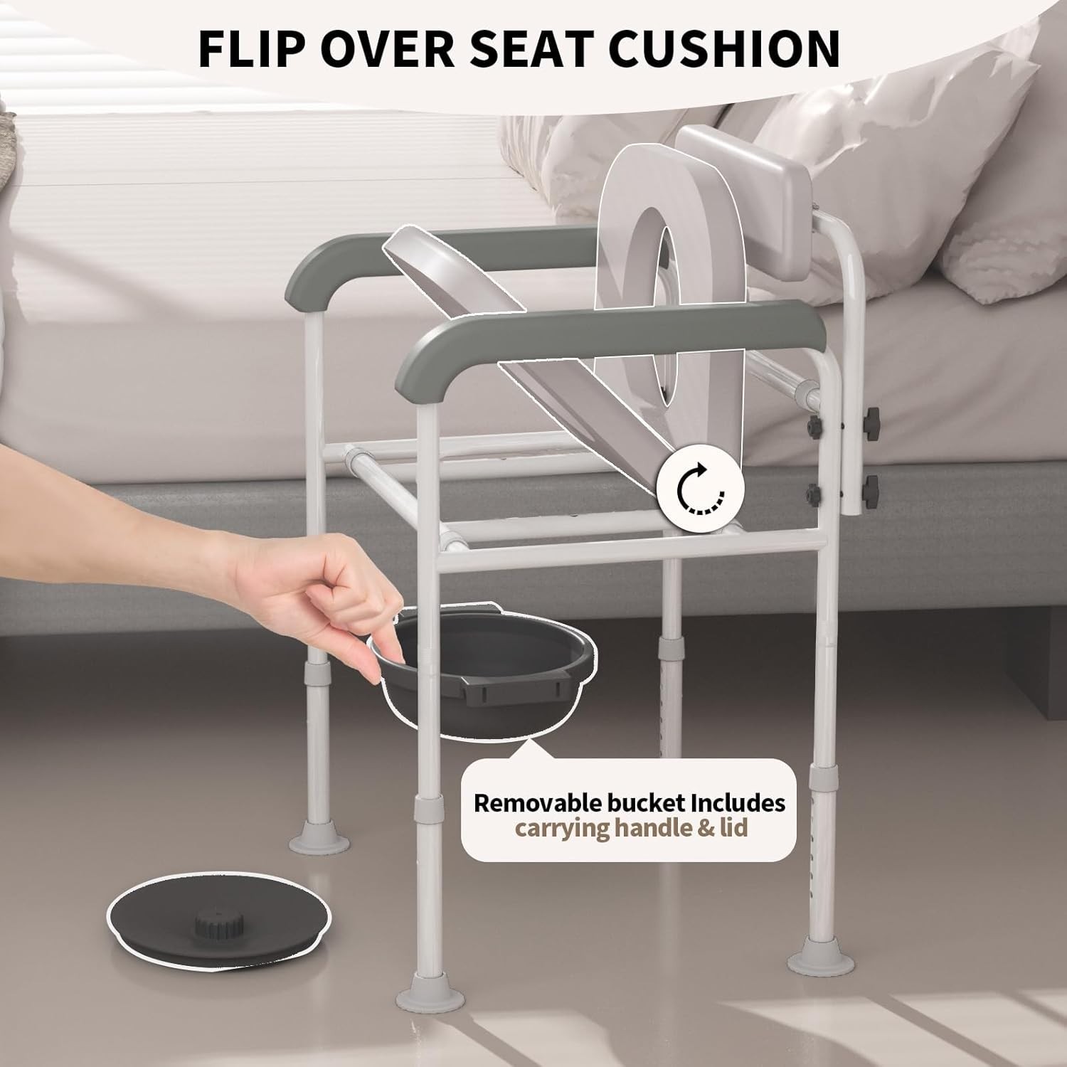 Medical Bedside Commode Chair Drop Arm Height Adjustable Padded Backrest