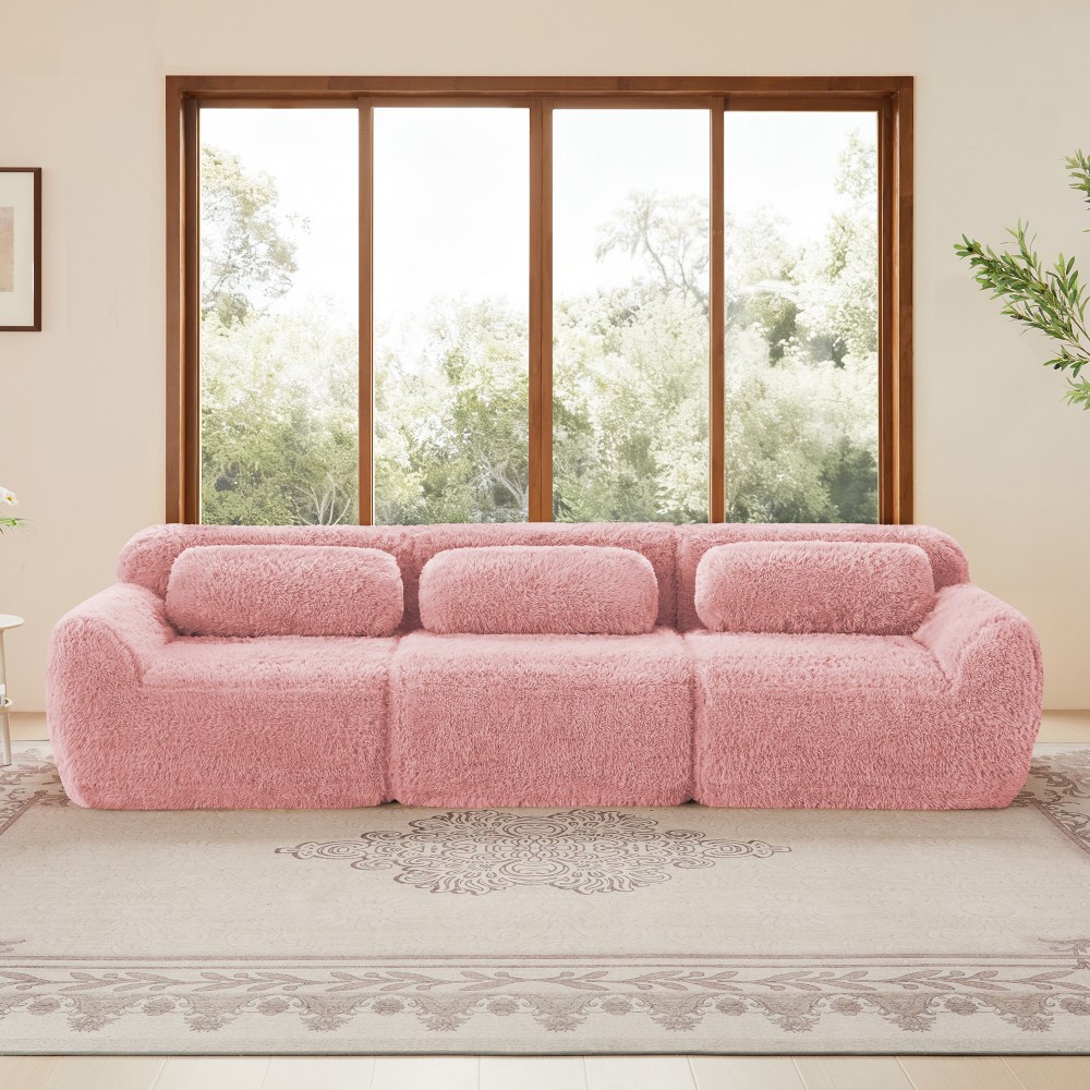 Modular Sectional Sofa w/ Ottoman & Pillows, Plush Pink Fabric