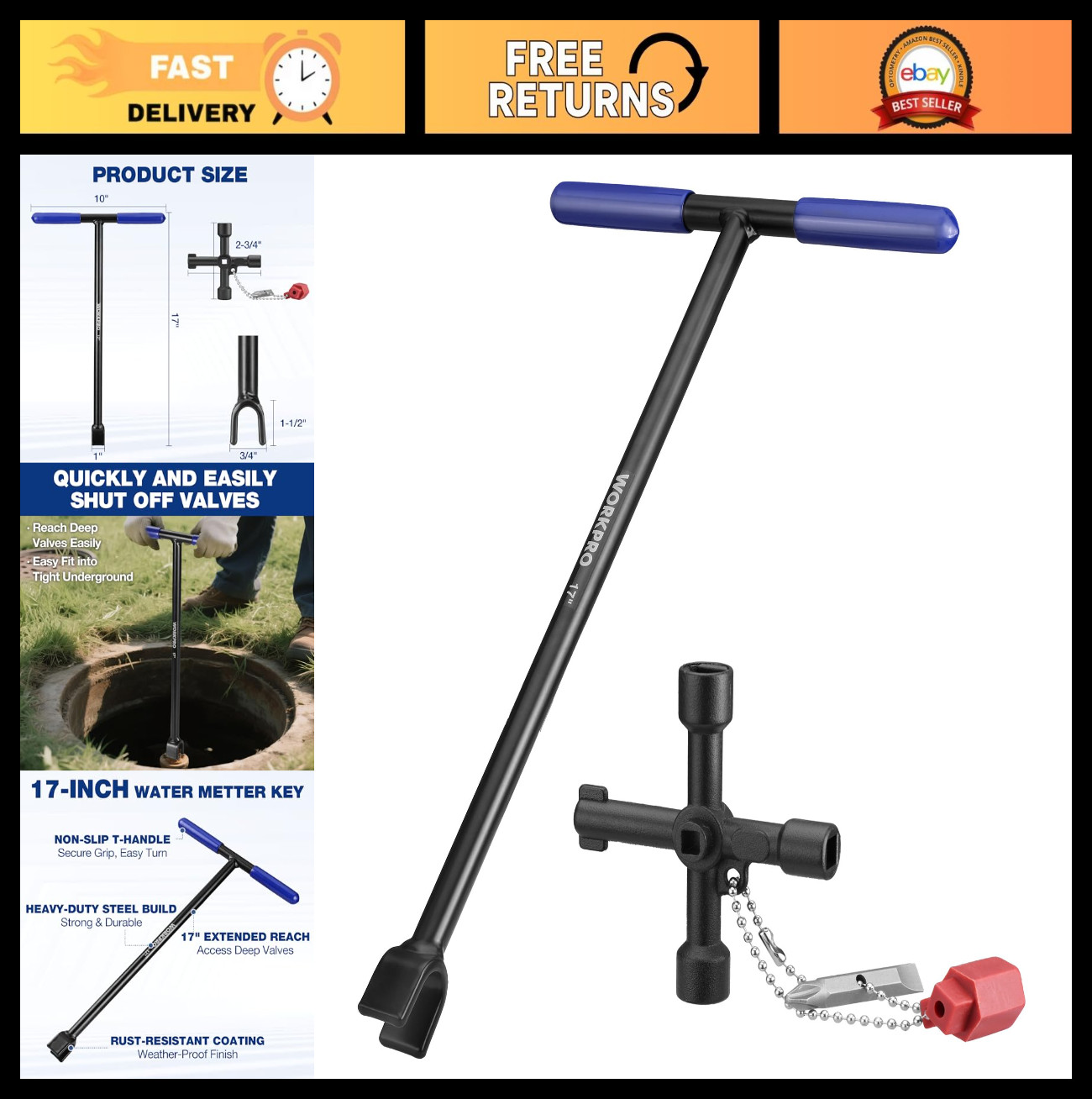 17" Heavy Duty Water Meter Key & 4-Way Utility Tool, Non-Slip T-Handle, Extended