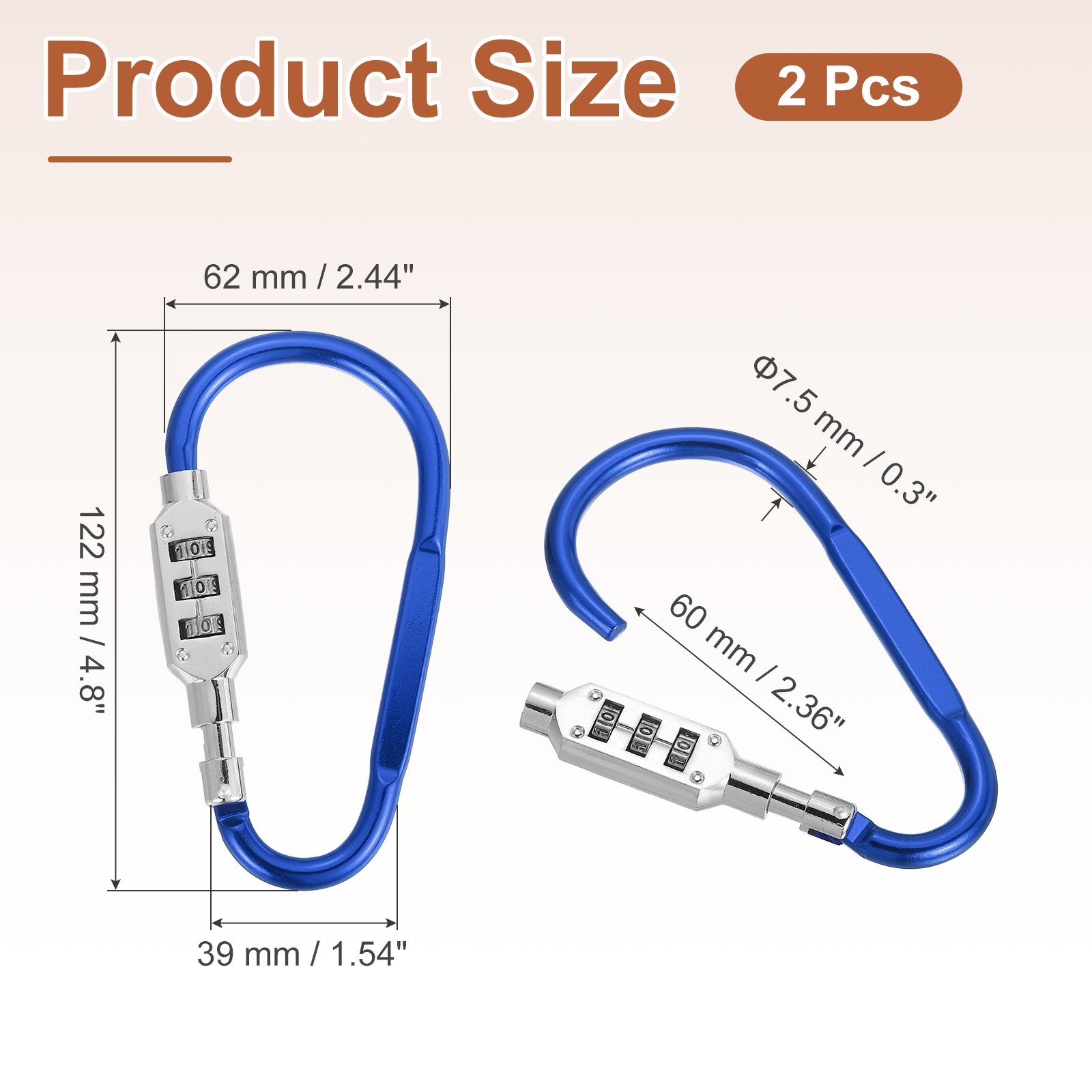 2 Pcs 4.8" x 2.4" D-Shaped 3-Digit Code Combination Lock D-Ring Clip, Blue