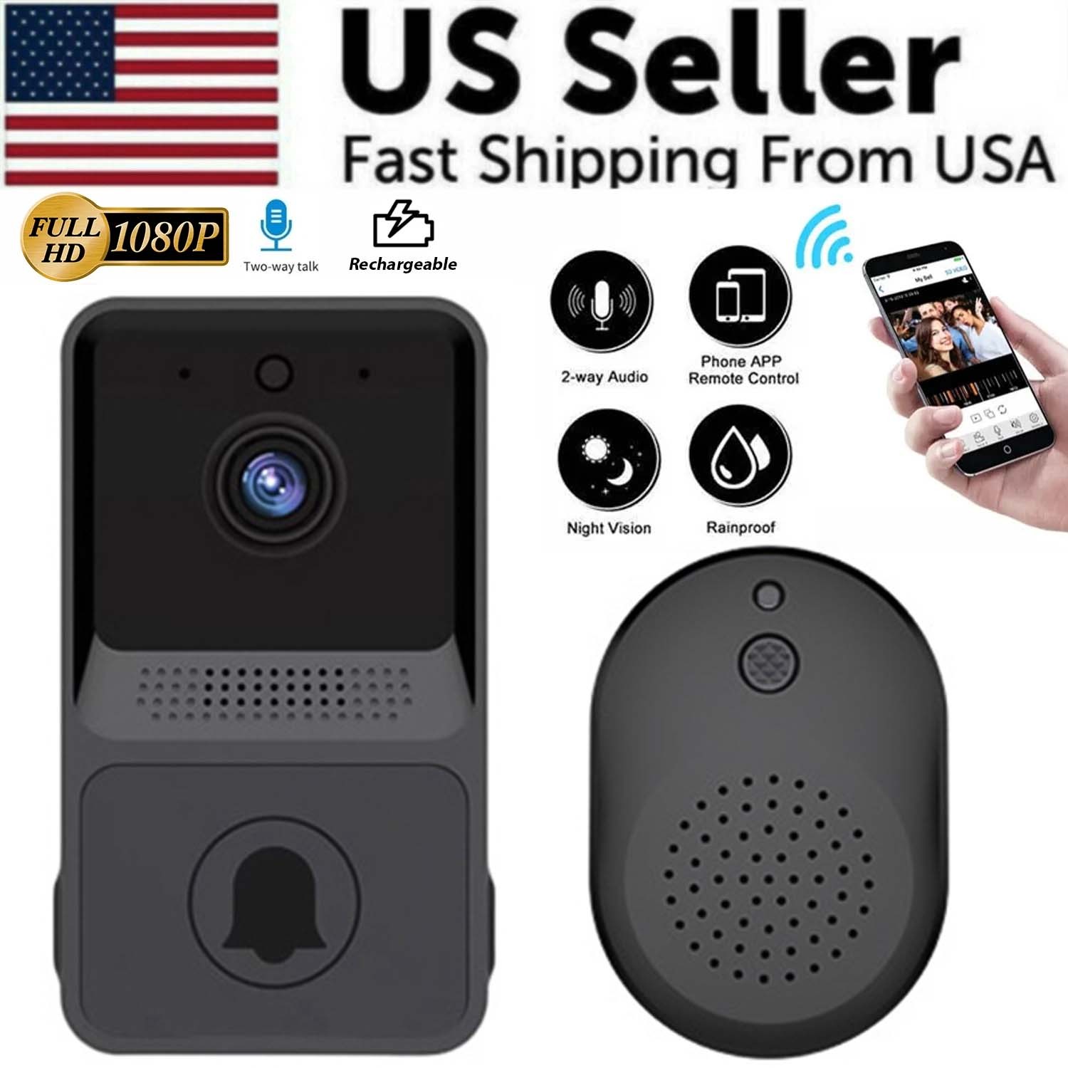 Smart Wireless WiFi Doorbell Intercom Video Camera Door Bell Chime Security