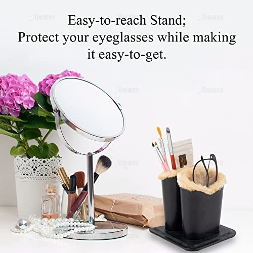 , Desk Double Eyeglasses Holder Stand Leather Case Soft Plush Lined Protective