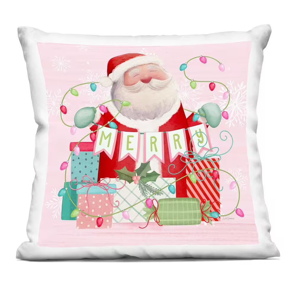 Merry Pinkmas Santa Pink Print Zipper Polyester 18 In. X 18 In. Throw Pillow